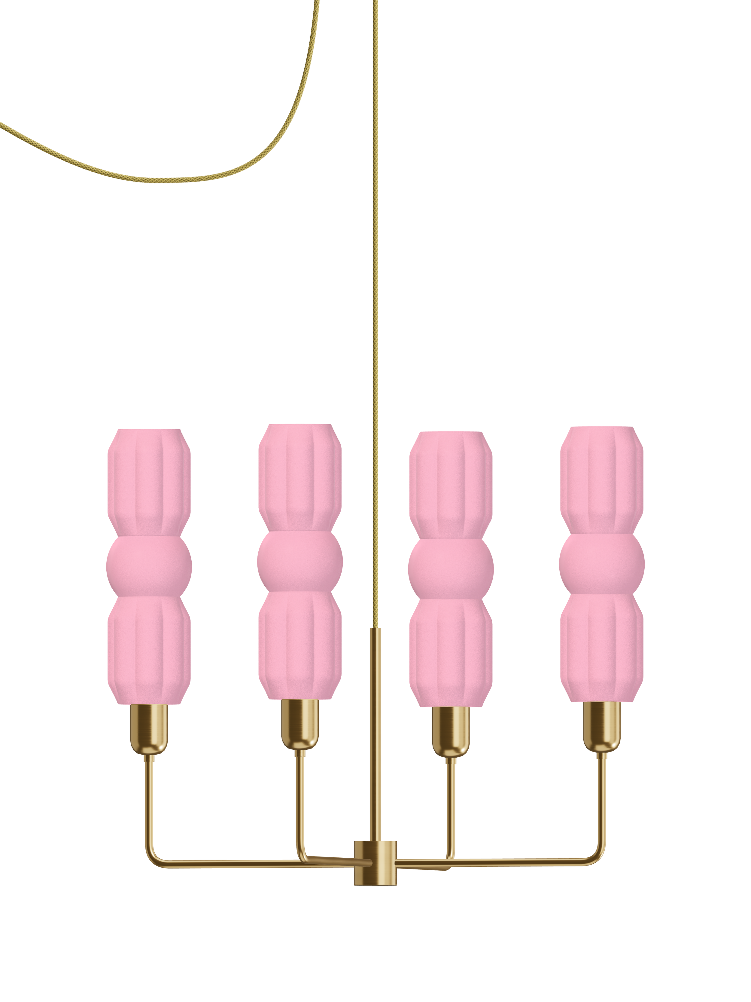 Elaine Auburn four-arm chandelier with pink shapes and brass hardware; plug-in version, light off.