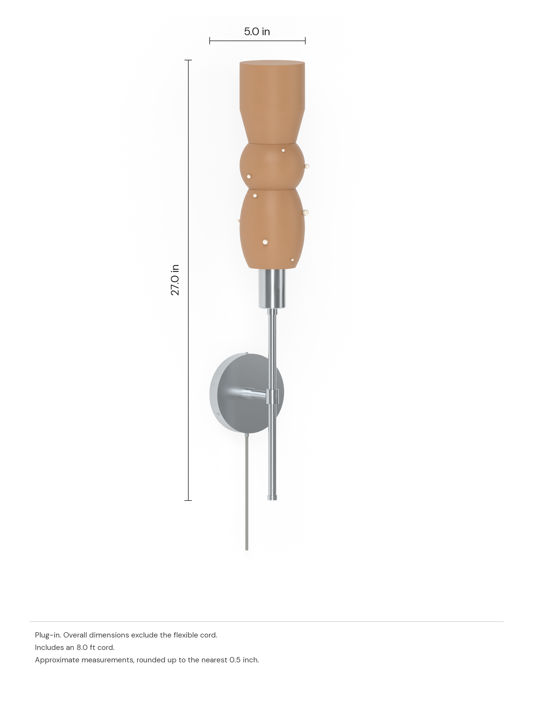 Scar Wallflower in Frosted Brown with Pearl details and nickel hardware. Dimension drawing: 27.0 in high × 5.0 in wide, excluding flexible cords.