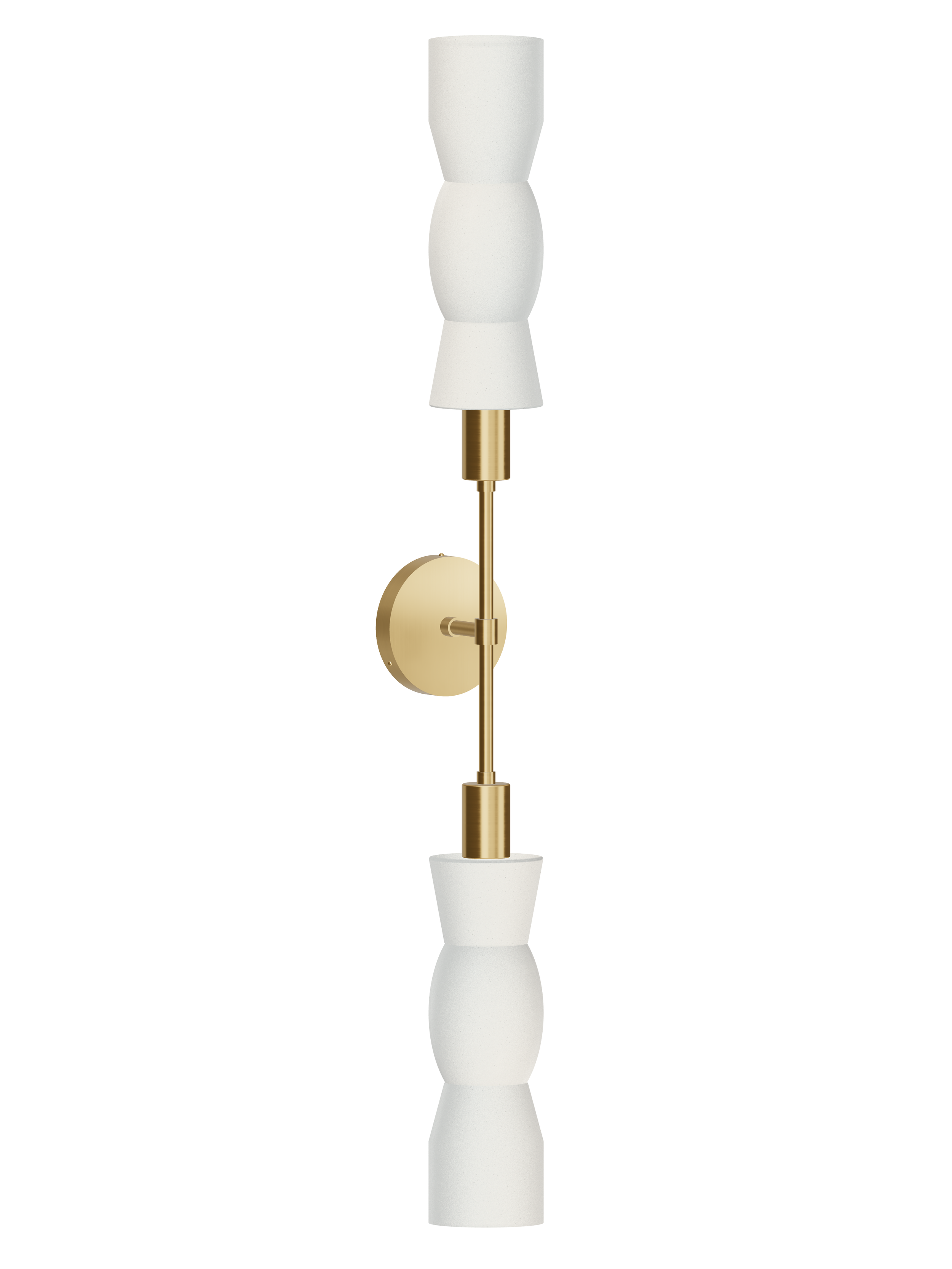 Cord Plus One double-ended wall sconce with off-white shapes and brass hardware; hardwired version, light off.