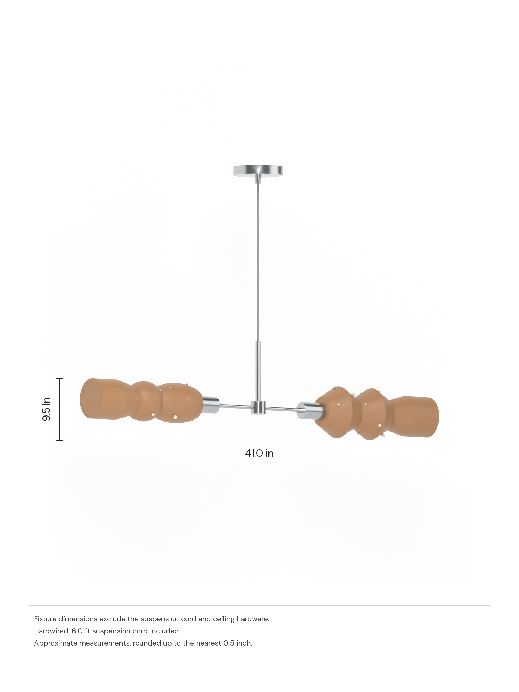 Scar Eavesdropper in Frosted Brown with Pearl details and nickel hardware, hardwired. Dimension drawing: 9.5 in high × 41.0 in wide, excluding flexible cords.