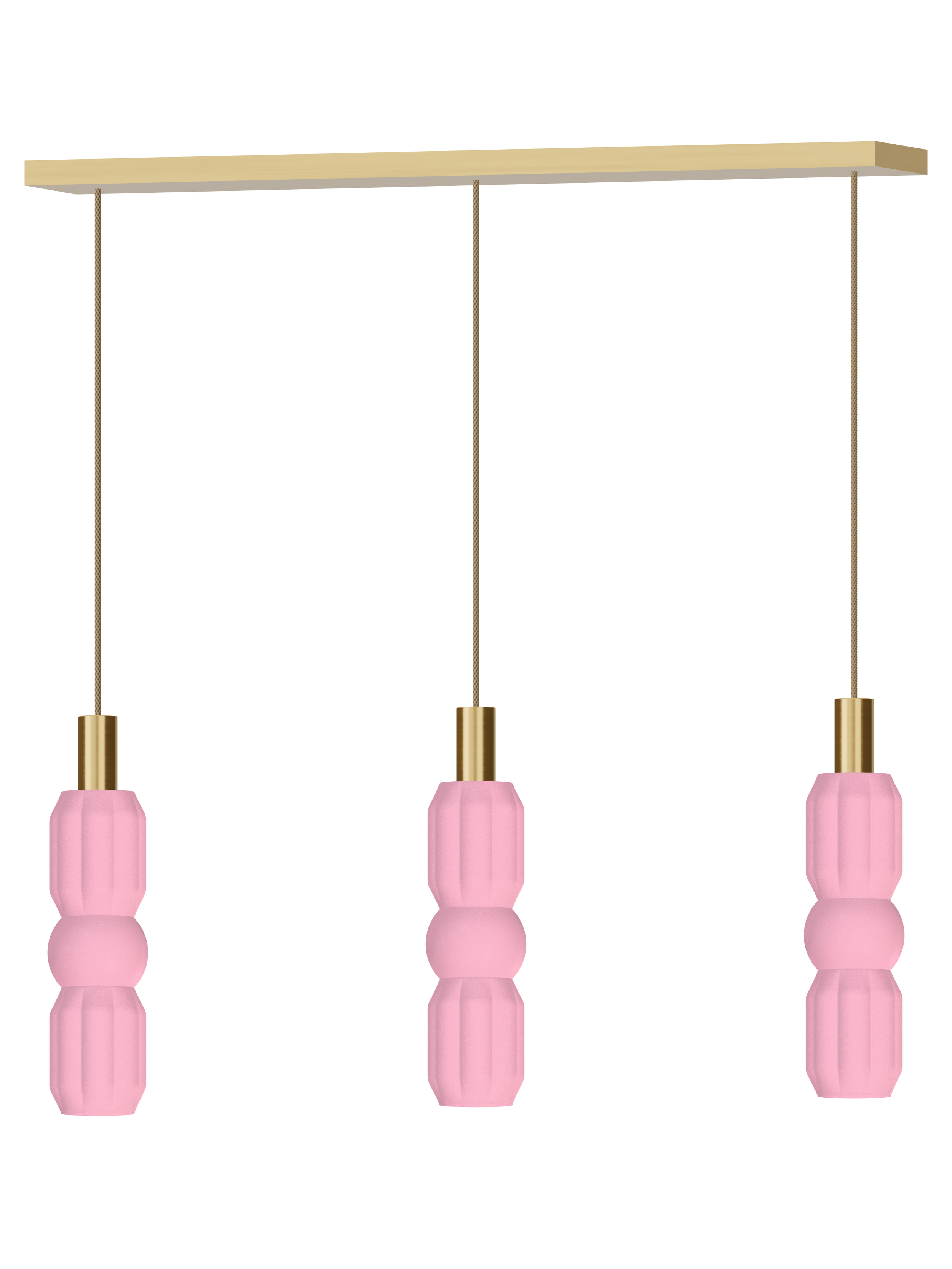 Elaine Runway 3 three-pendant light with pink shapes and brass hardware; hardwired version, light off.