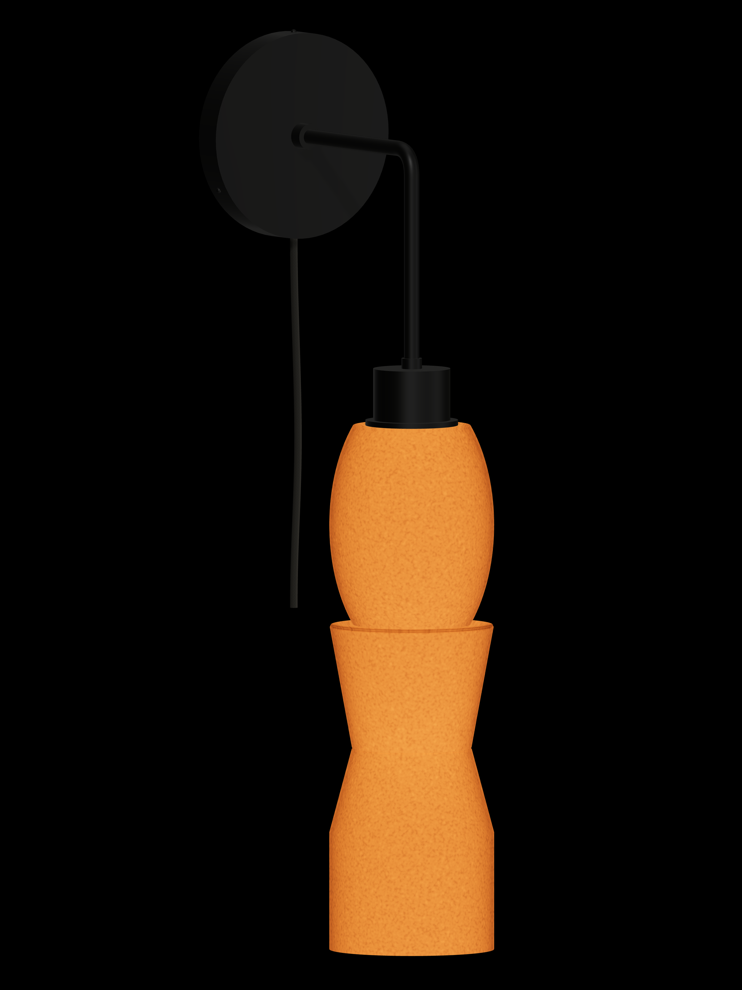 Major Drop Out wall sconce with a hanging stack with shapes glowing orange and black hardware; plug-in version.