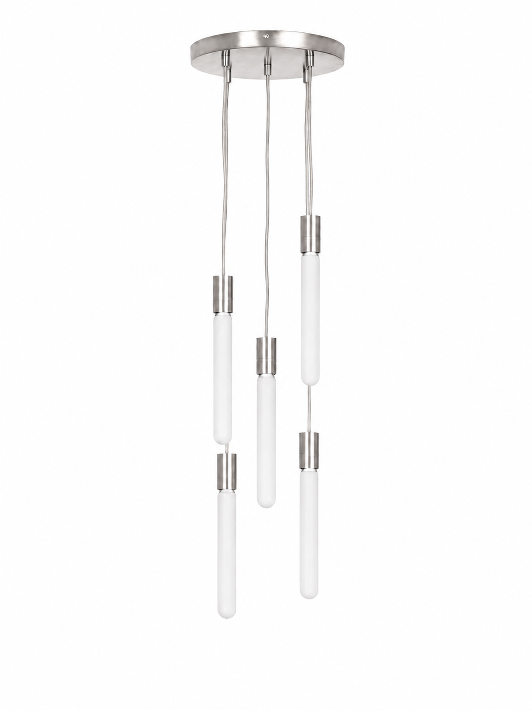 Eldon Trace Halo chandelier in nickel, warm white lit drops staggered from a round polished nickel ceiling canopy.