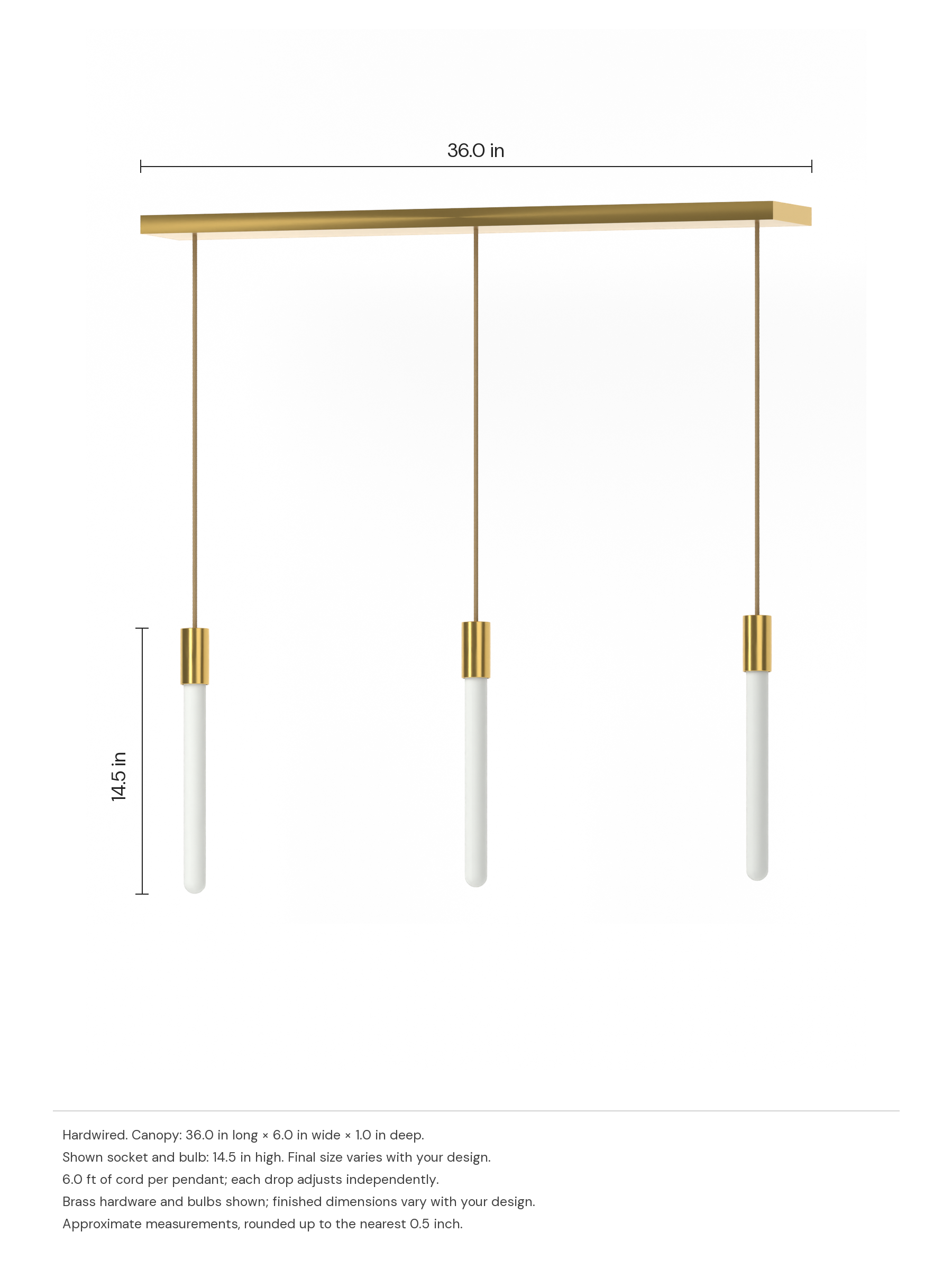 Custom Runway 3 with brass hardware and opal bulbs, before adding custom shapes, hardwired. Dimension drawing: 36.0 in canopy, 14.5 in pendant height.