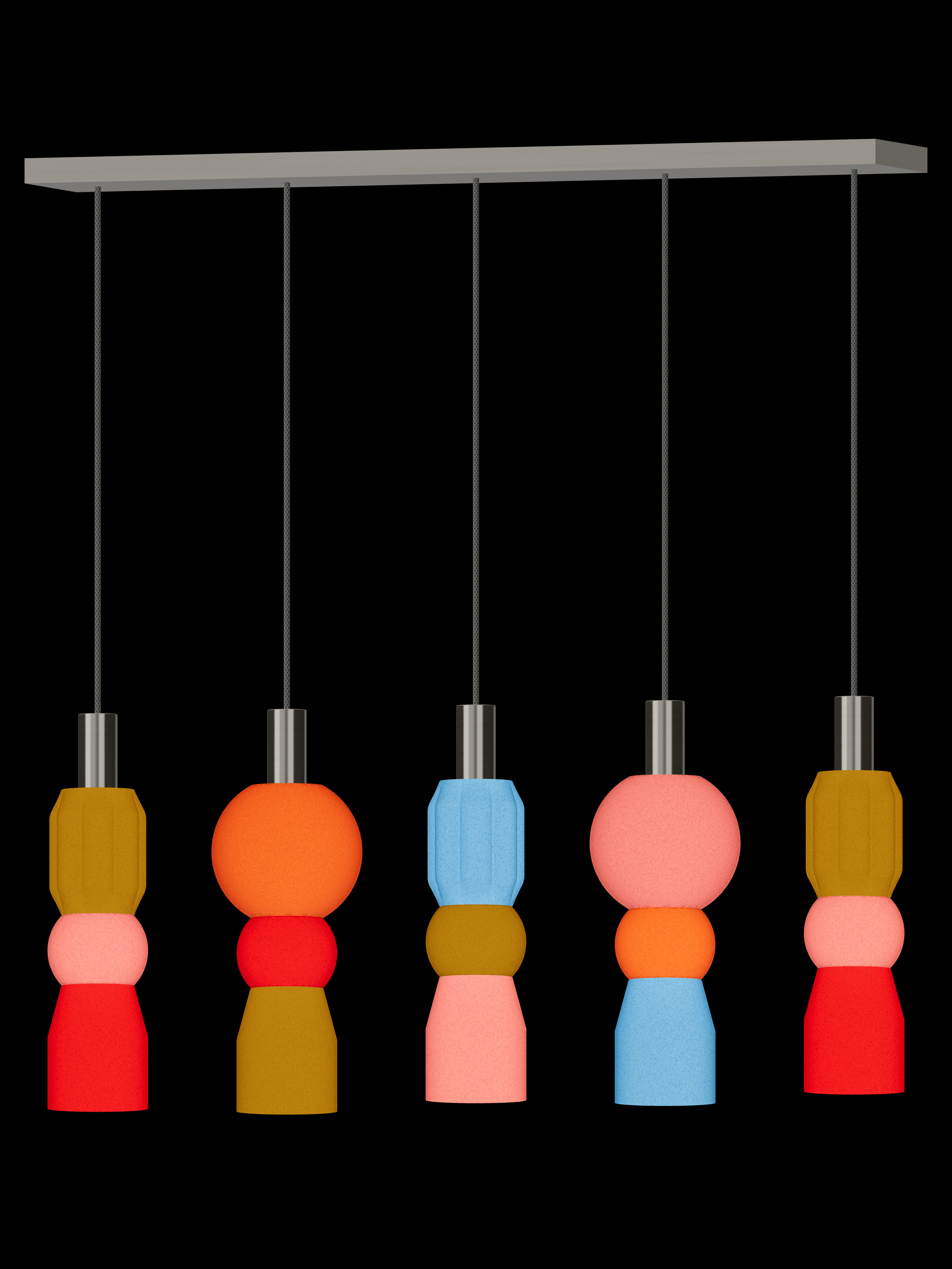 Benny Runway 5 five-pendant light with illuminated multicolor shapes and nickel hardware; hardwired version.