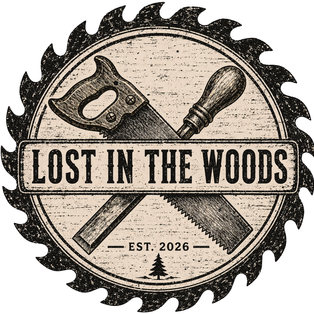 A circular logo with a saw blade border, featuring a hand saw and a hammer crossed in the center, and the text "Lost in the Woods" with "Est. 2026" below and a small pine tree at the bottom.