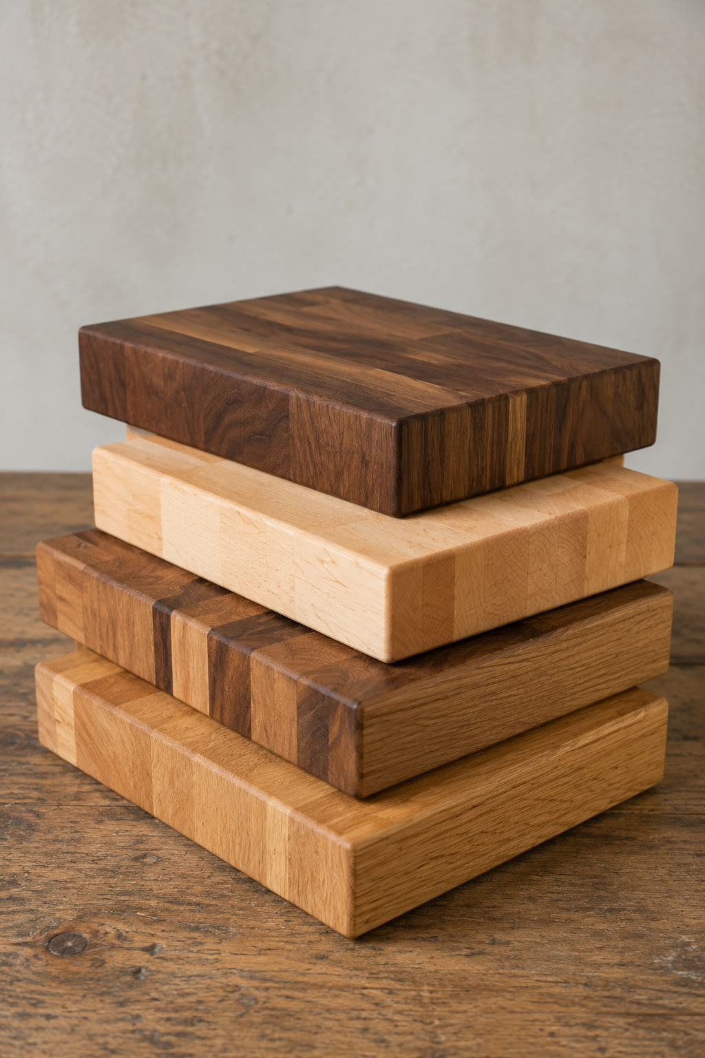 A stack of four wooden cutting boards on a rustic wooden table, with a plain light-colored wall in the background.