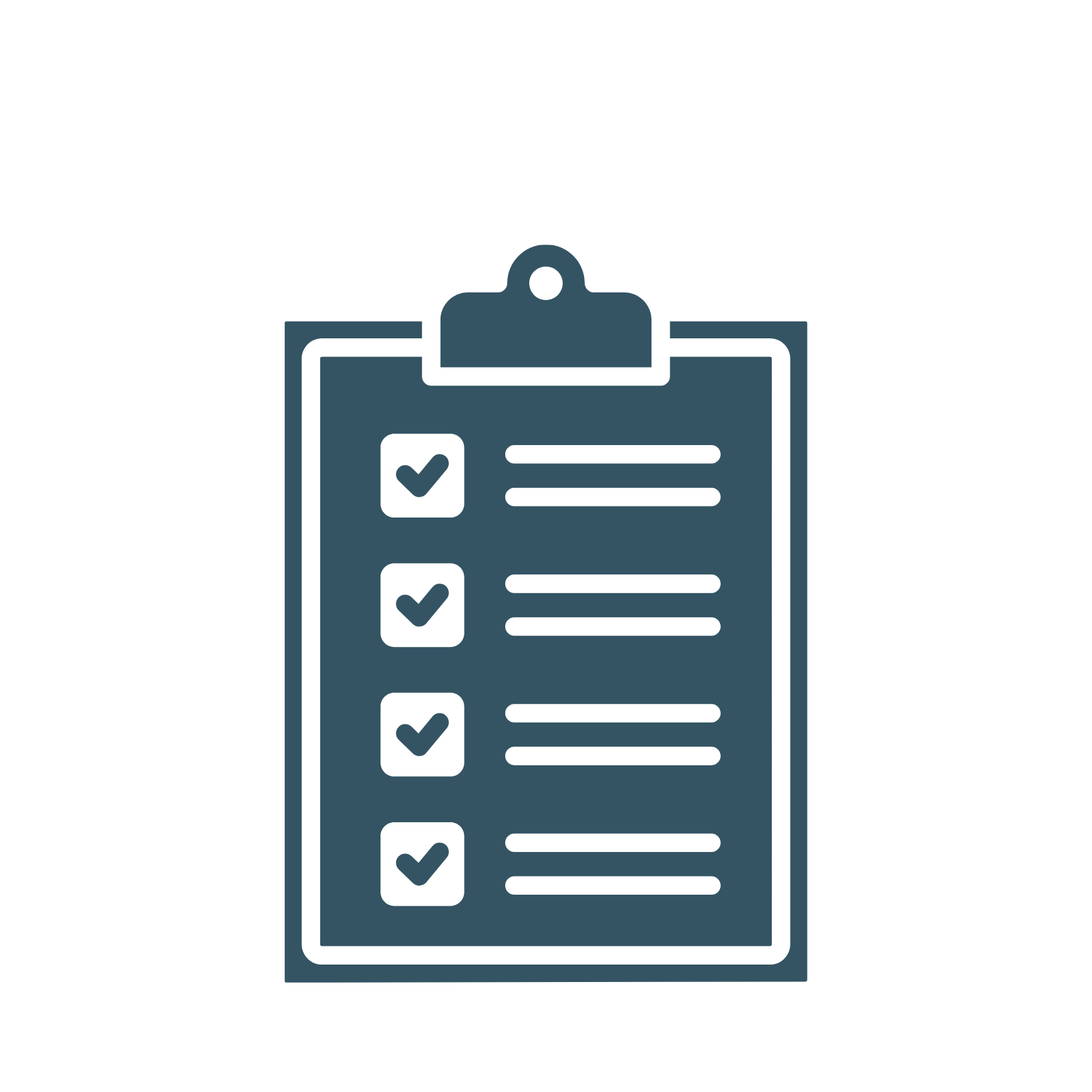 Outline drawing of a clipboard with a checklist containing five items, each with a checkmark.