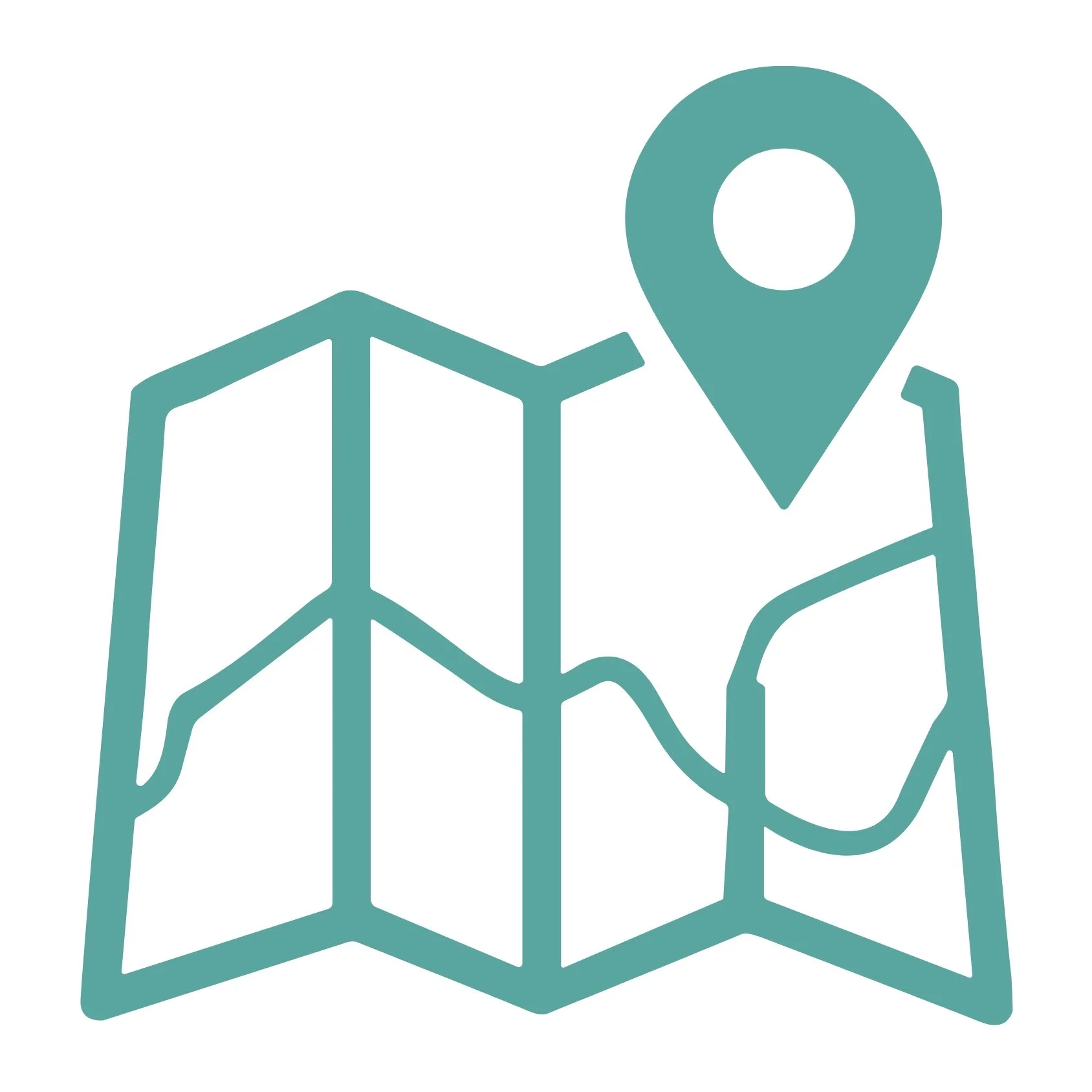Outline of a person reading a book with a map pin icon above their head.