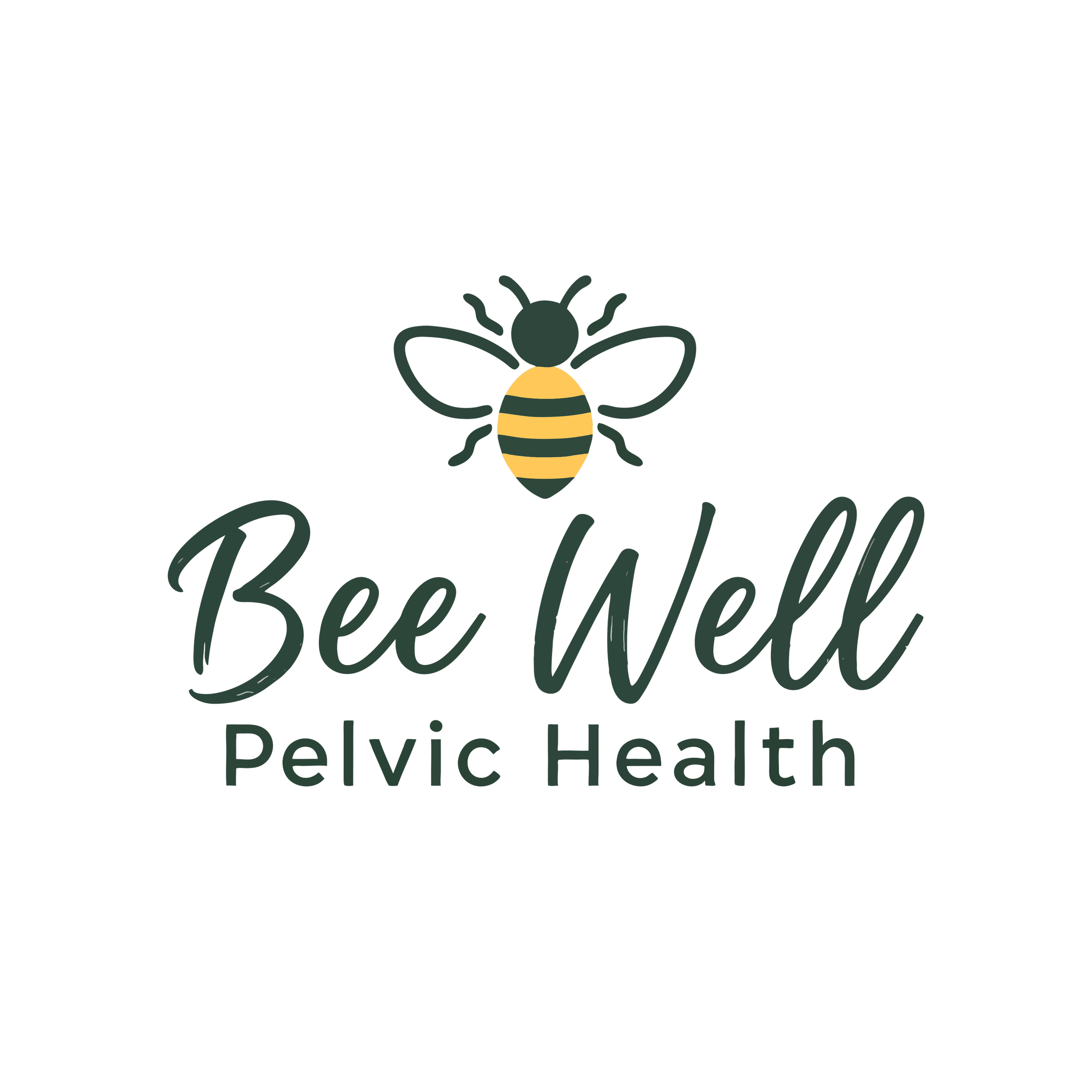 A stylized bee illustration with yellow and black striped body, black wings, and antennae, placed above text that reads 'Bee Well, Delicious Health' in cursive font on a black background.
