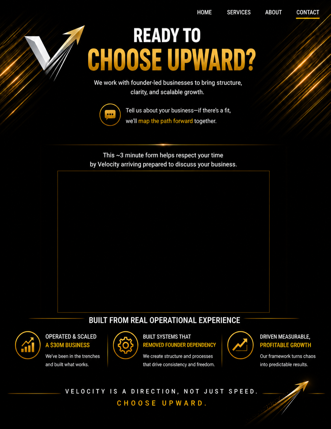 Webpage with a black background and gold accents, featuring a logo with an arrow pointing upward, the text "READY TO CHOOSE UPWARD?" in bold white and gold letters, and sections describing business growth and operational experience. Menu items include Home, Services, About, Contact.