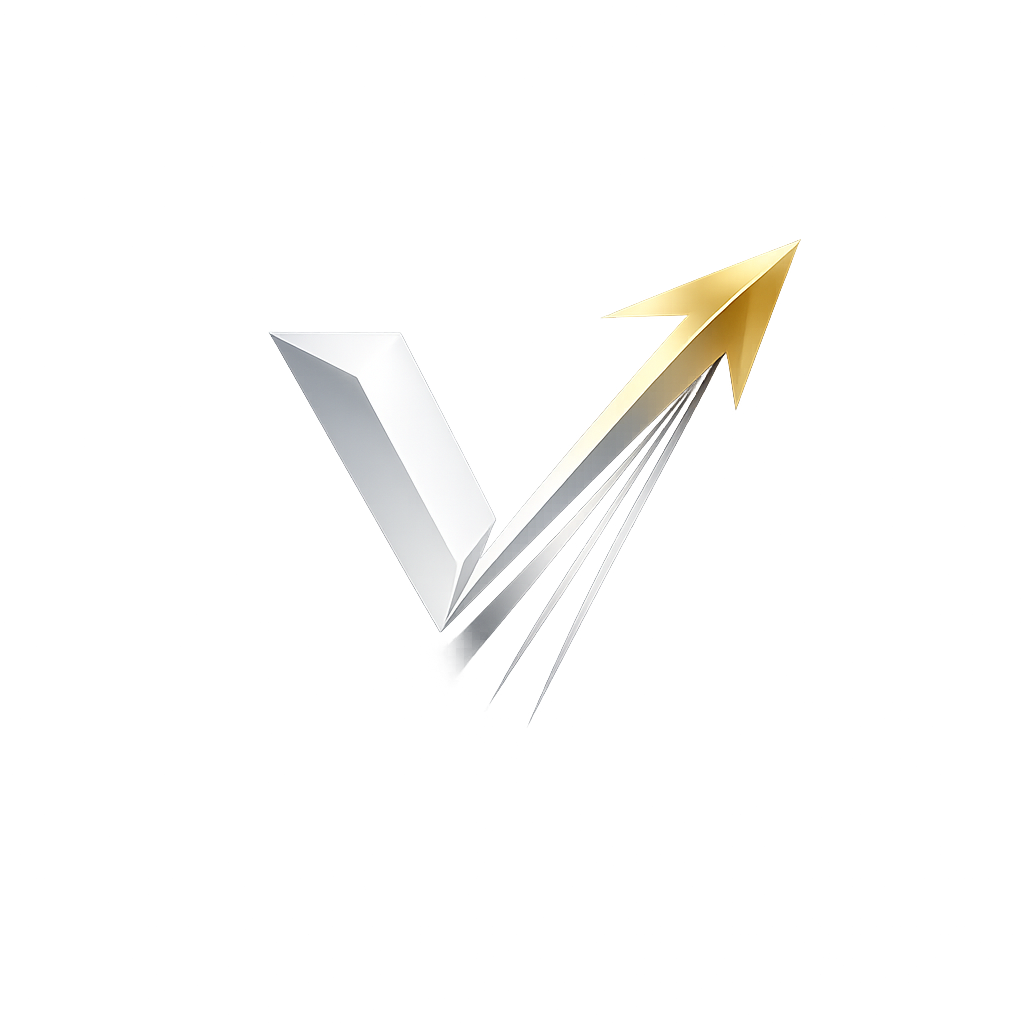 A metallic checkmark and upward arrow with a gradient background, symbolizing growth or success.