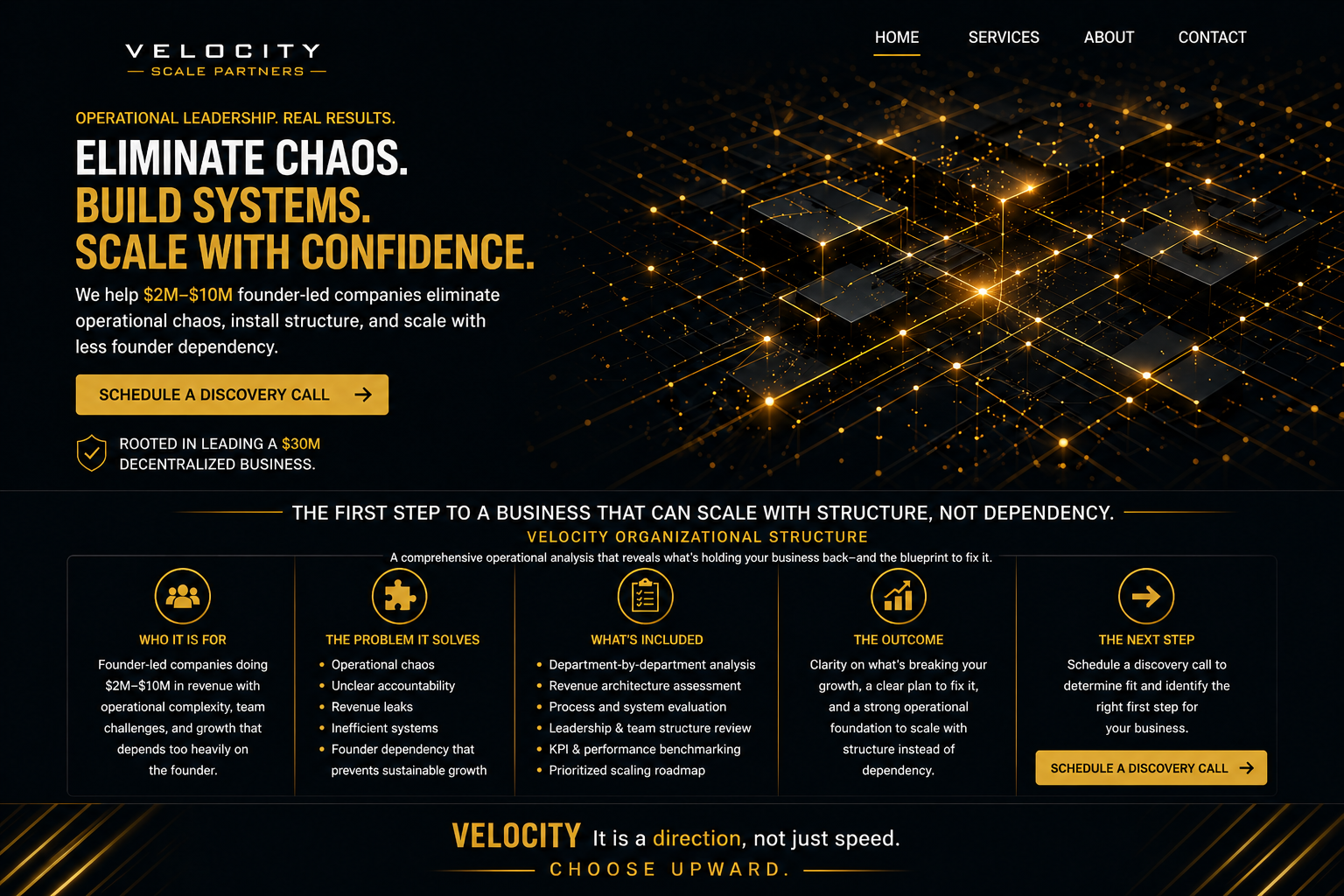 A dark website banner for Velocity Scale Partners featuring a black background with gold accents. The header displays navigation links: Home, Services, About, Contact. The main message emphasizes operational leadership, eliminating chaos, building systems, and scaling with confidence, targeting founder-led companies with revenues between $2 million and $10 million. The section includes a call-to-action button to schedule a discovery call, highlighting the company's roots in leading a $30 million decentralized business. Below, there is an explanation of their organizational structure, outlining who the company is for, the problems it solves, what’s included, the outcome, and next steps, all with gold icons and text. The footer emphasizes that velocity is a direction, not just speed, encouraging viewers to choose upward.