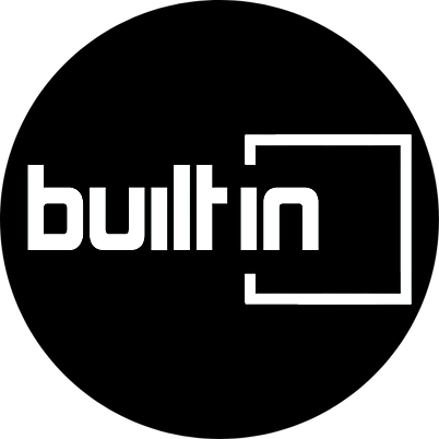 Built In logo with white text and a white square outline on a black background.