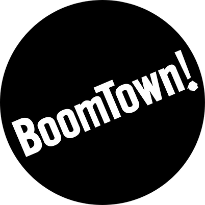 Graphic design with a black background and white text that says 'BoomTown!' in bold, diagonal lettering.