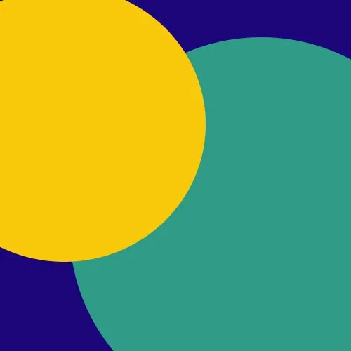 An abstract design with overlapping circles in navy blue, yellow, and teal colors.