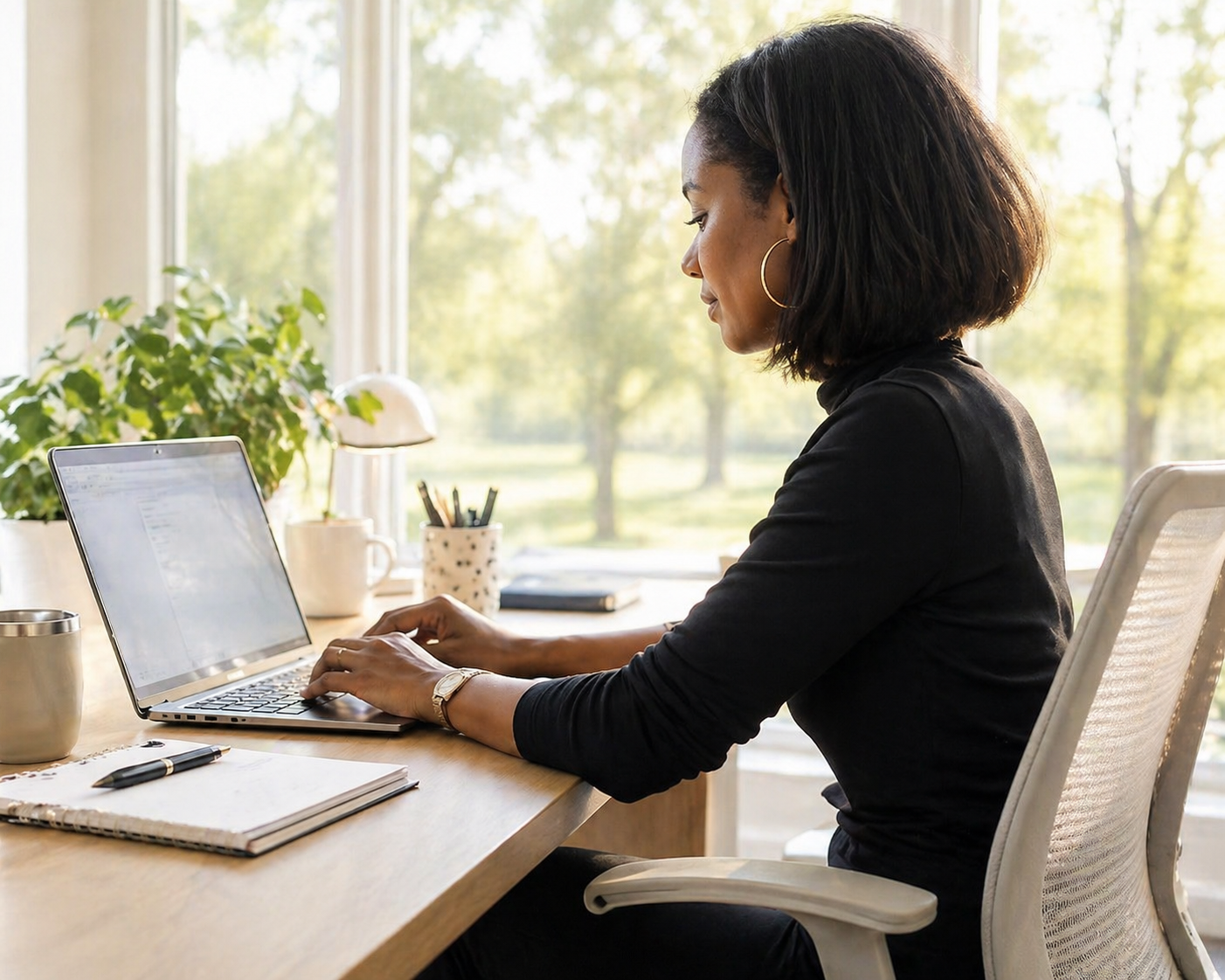 A woman with shoulder-length dark hair, wearing hoop earrings and a black top, sitting at a desk and working on a laptop in a bright, sunny room with large windows and green trees outside.