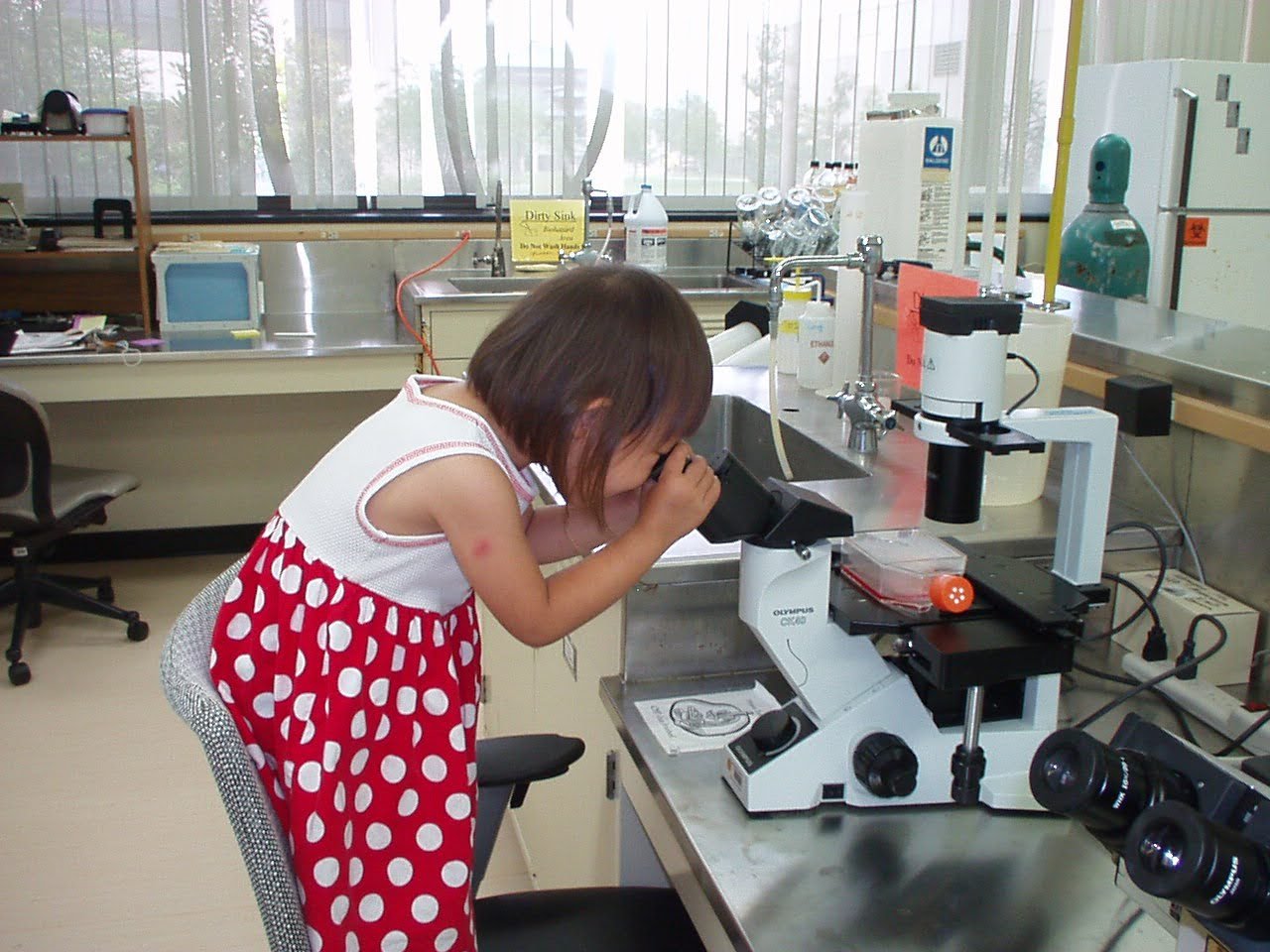 Young Lillian looking into a microscope
