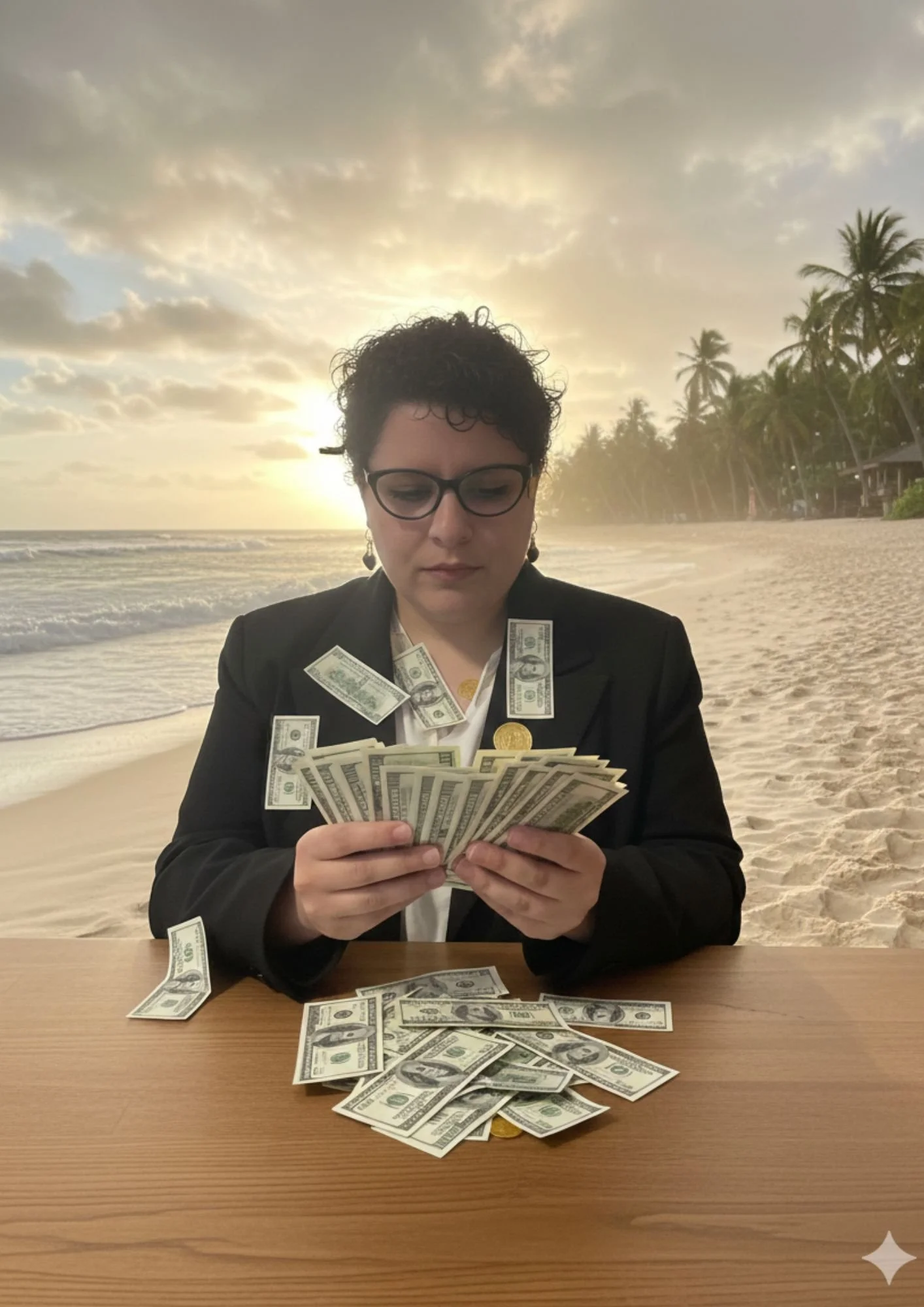 Persona con gafas y cabello rizado, vestida con traje negro y camisa blanca, maneja billetes de dólar en una playa con palmeras y cielo nublado