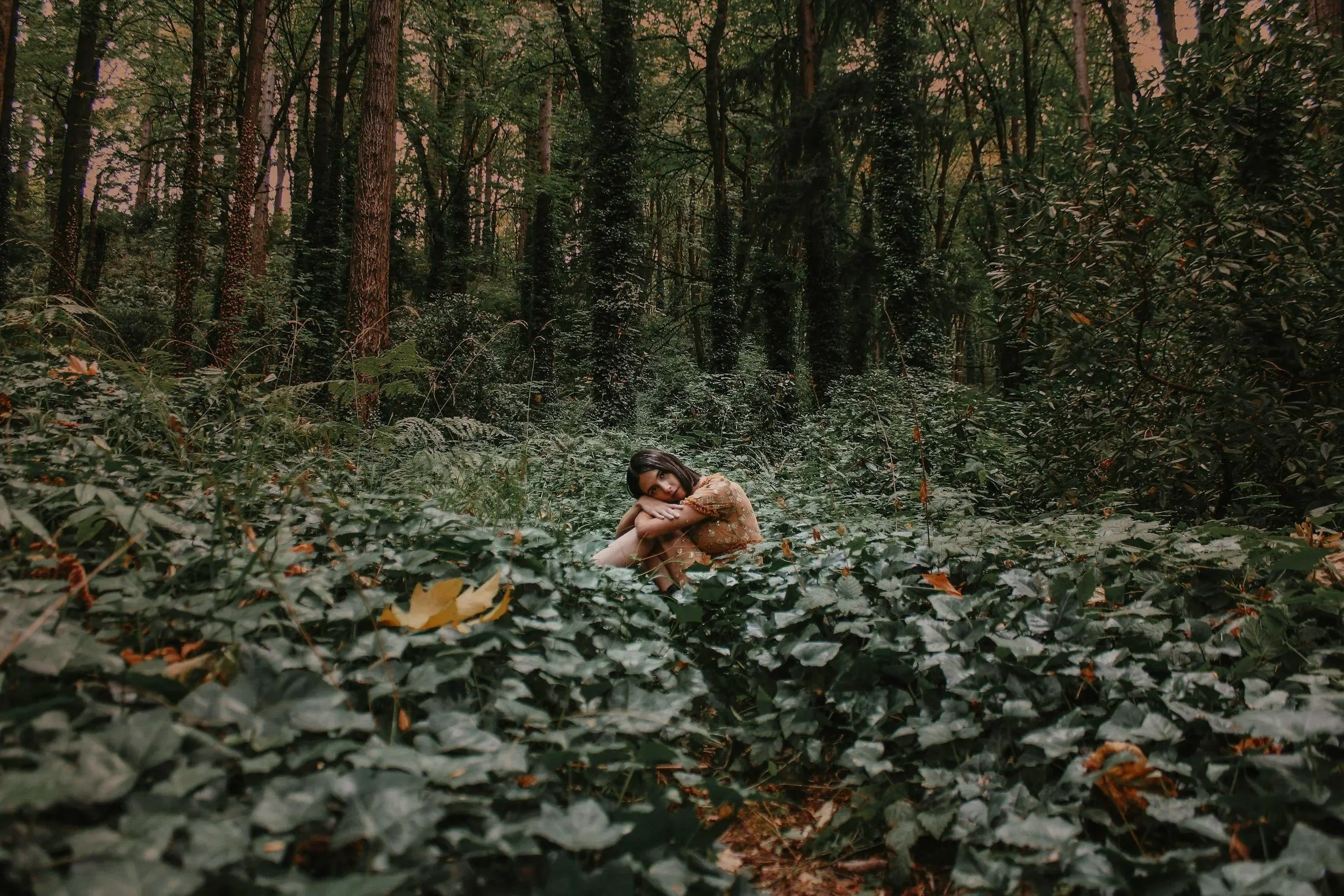 A woman with dark hair, wearing a brown dress, sitting on the forest floor amidst dense green foliage and trees.