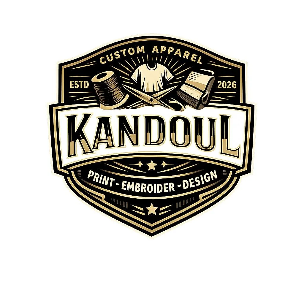 A logo for Kandoul, a custom apparel business established in 2026, featuring sewing tools and fabric, with the words print, embroidery, and design.