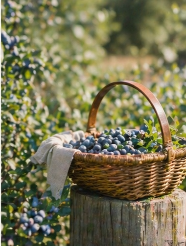 A wicker basket filled with blueberries sitting on a wooden post outdoors.