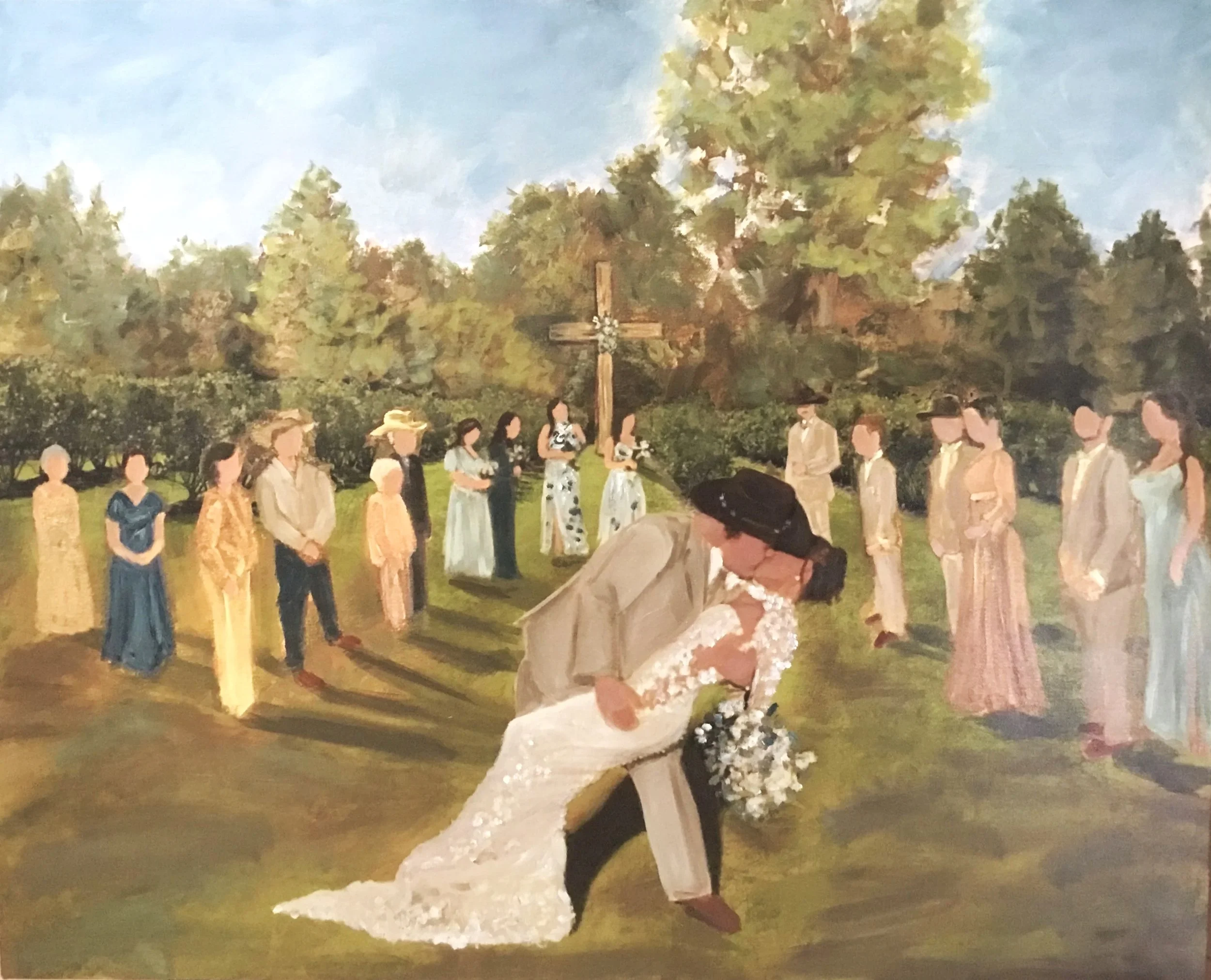 A woman in a wedding dress and veil holding a bouquet during a garden wedding ceremony, with guests standing in a line over green grass and trees in the background.