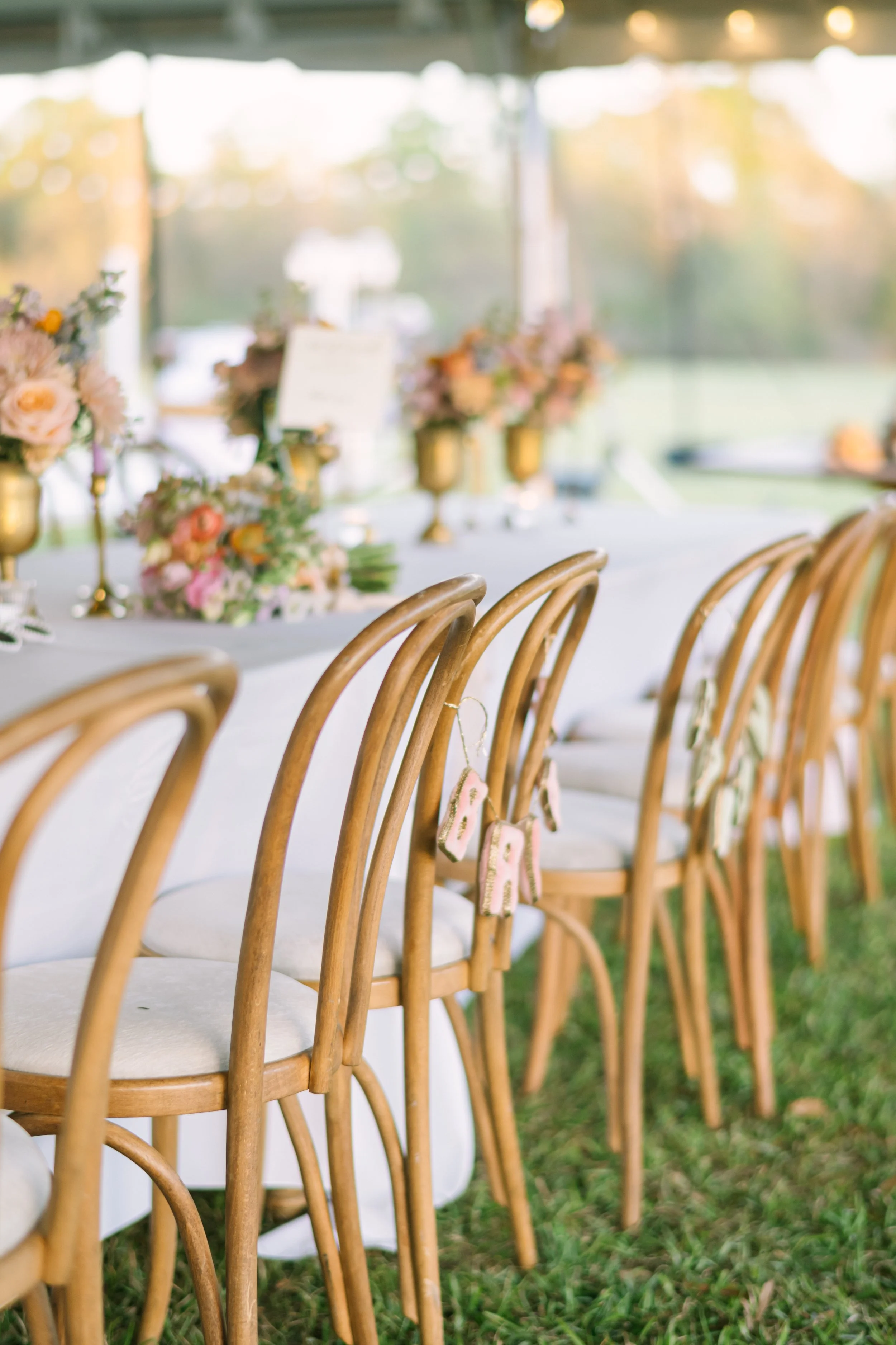 A row of wooden chairs with white cushions at a wedding or event, with a decorated table with floral arrangements and a blurred outdoor setting in the background.