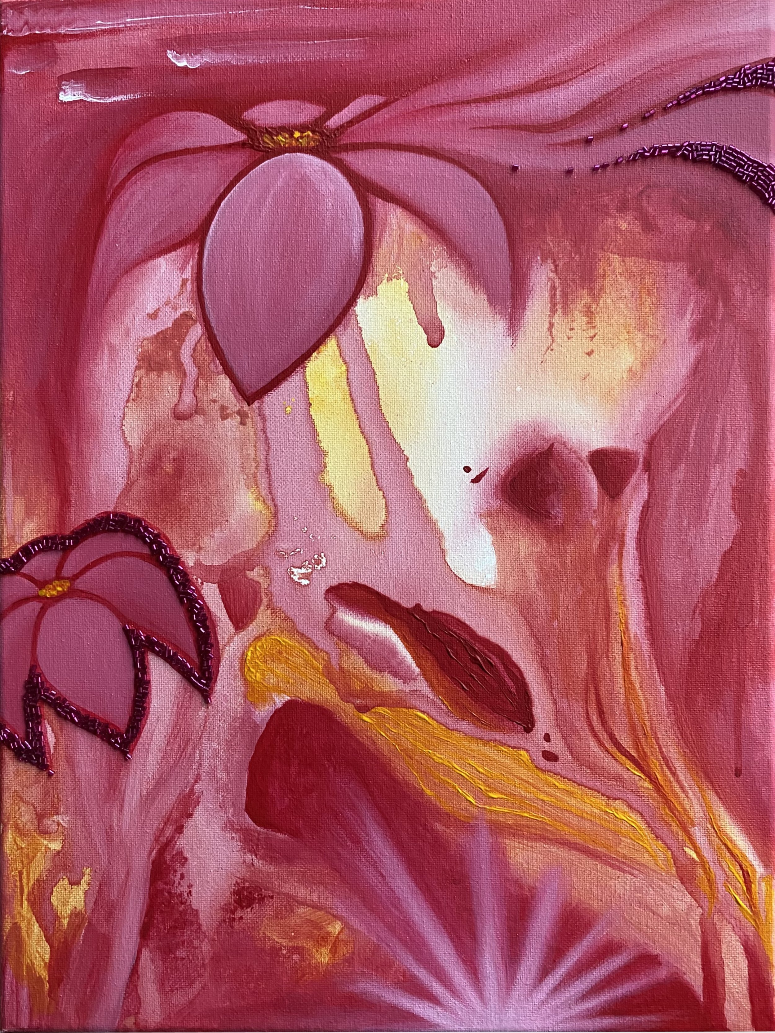 Abstract painting with pink, red, and yellow colors, featuring floral shapes and textured, swirling brushstrokes.