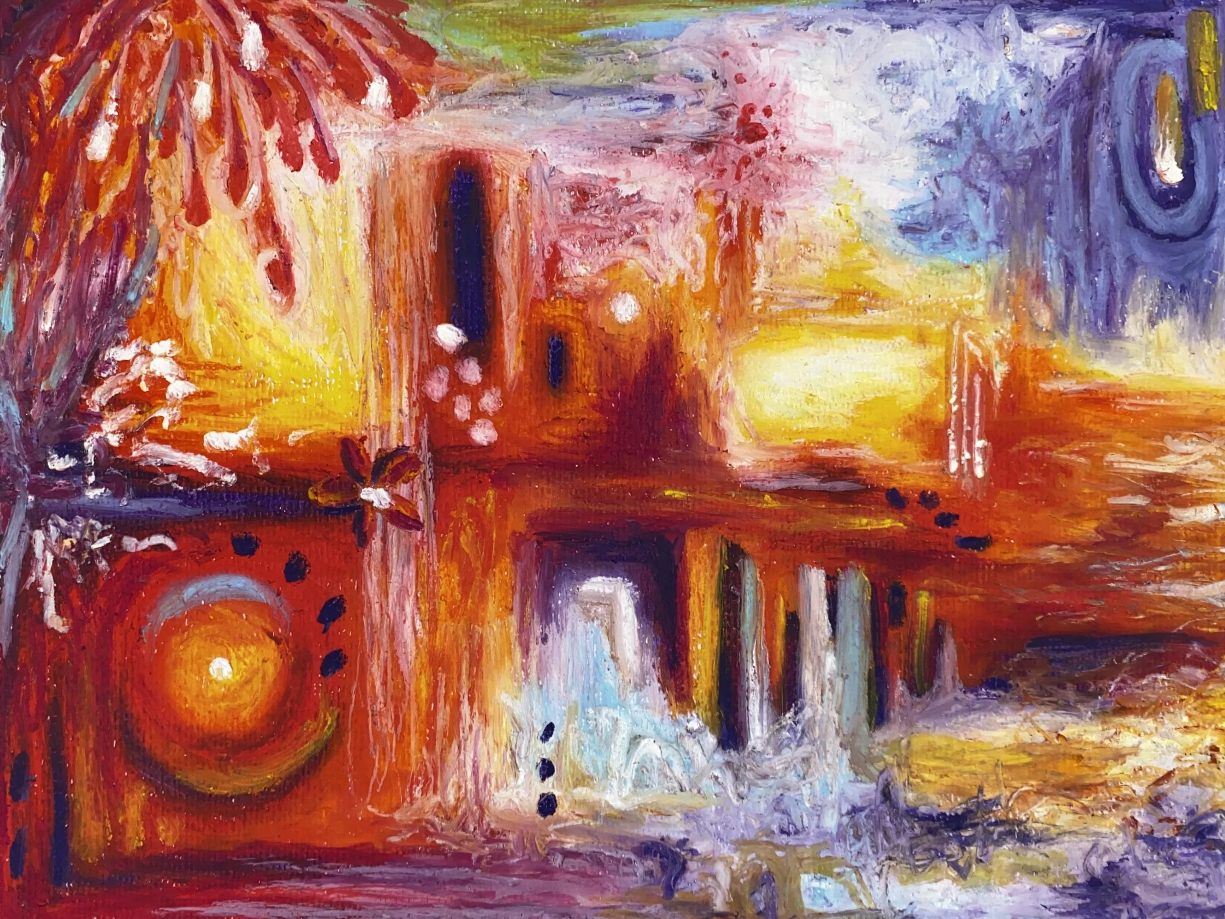 Abstract impressionist painting with swirling colors, including reds, purples, blues, yellows, and greens, featuring a prominent circular yellow-orange shape near the bottom left.