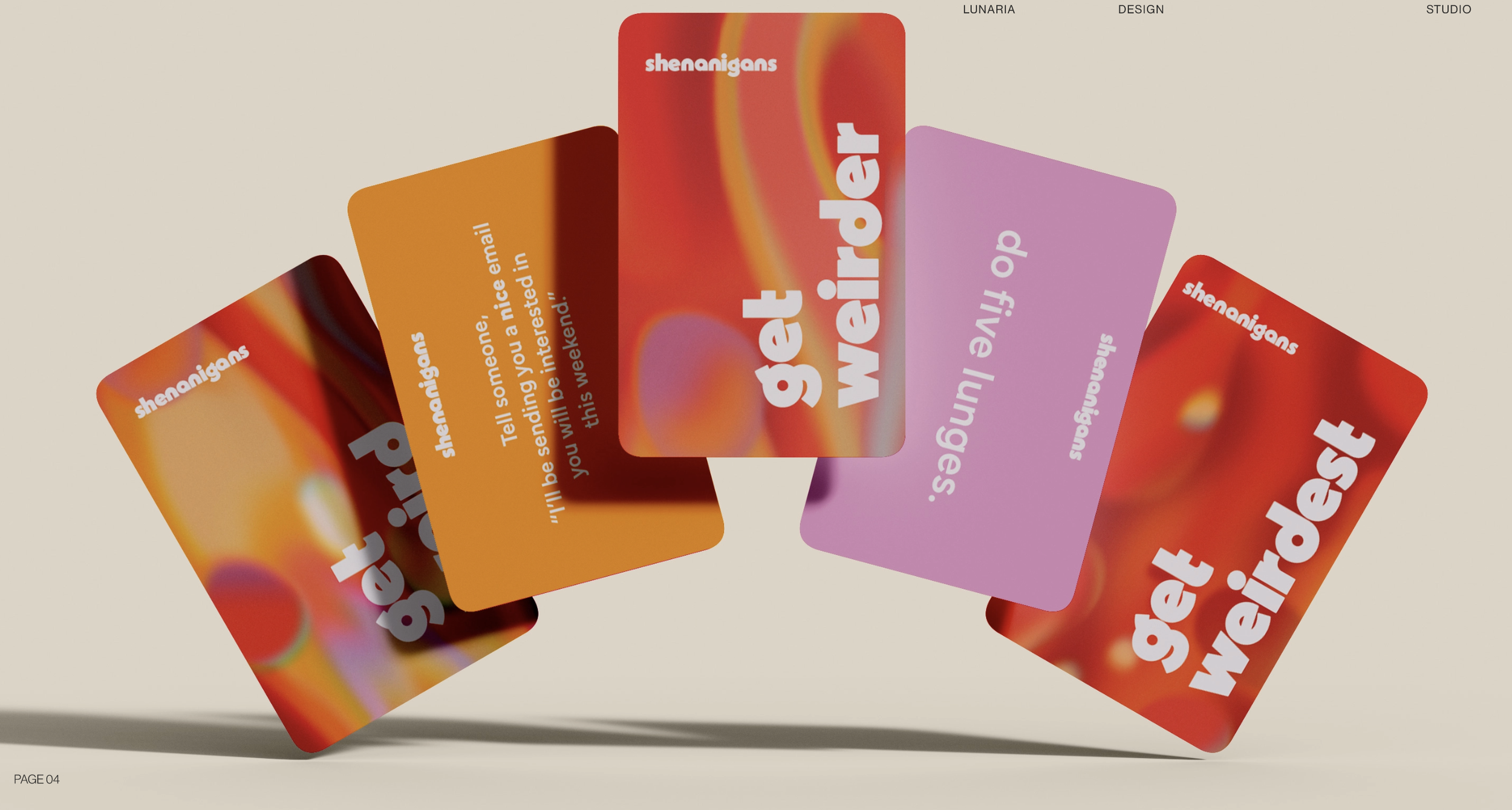 Image of funny cards from shenanigans party game, the cards show the front of the card titled "get weirder" and give previews to the back of the cards with prompts that you will find inside the box. The prompts shown are "Do five lunges"