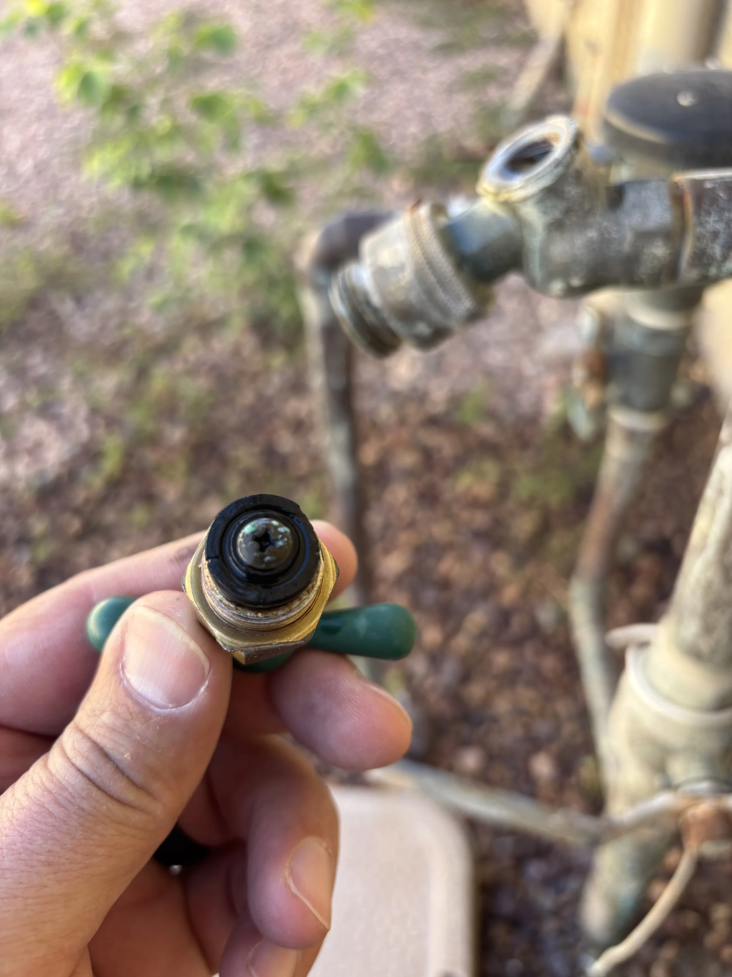 Close-up of a person's hand holding a black and yellow garden hose connector or nozzle, with part of a rusty outdoor faucet and green foliage in the background.
