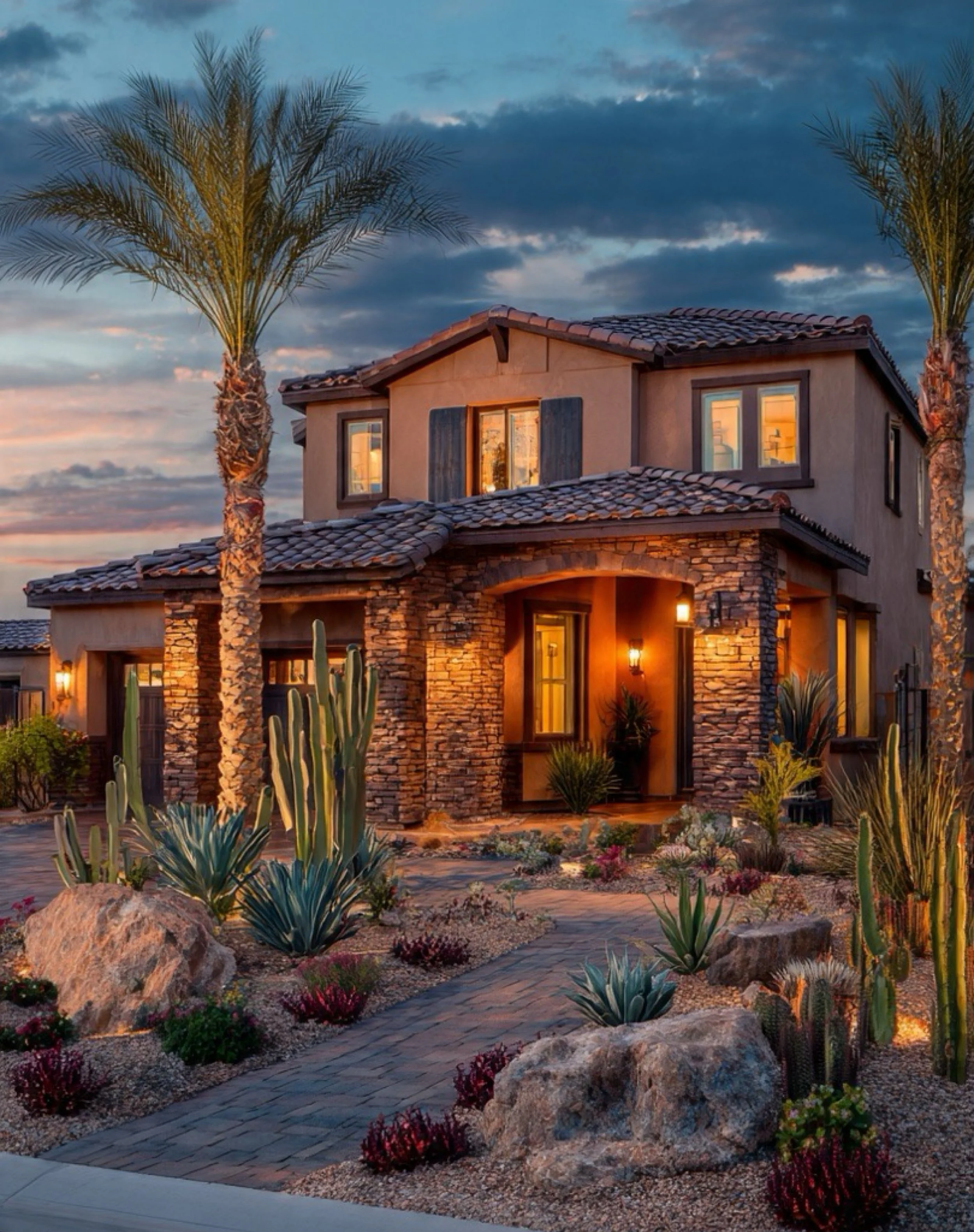A house with a tile roof and stone exterior illuminated by warm exterior lighting, surrounded by desert plants and rocks, under a sunset sky with clouds.