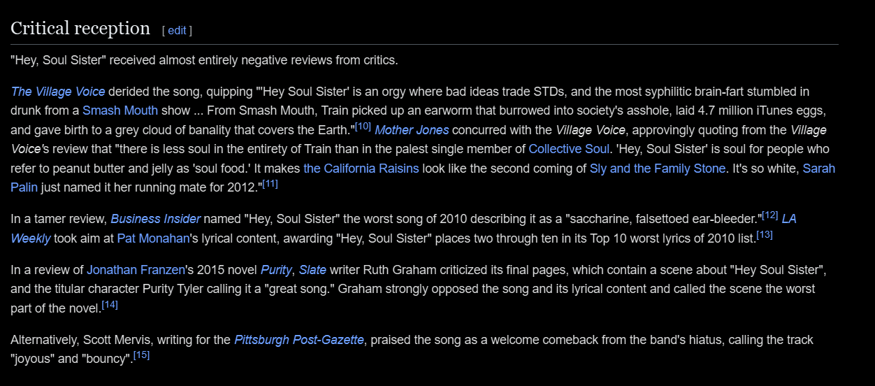 Screenshot of a Wikipedia article titled 'Critical reception' discussing the song 'Hey, Soul Sister',