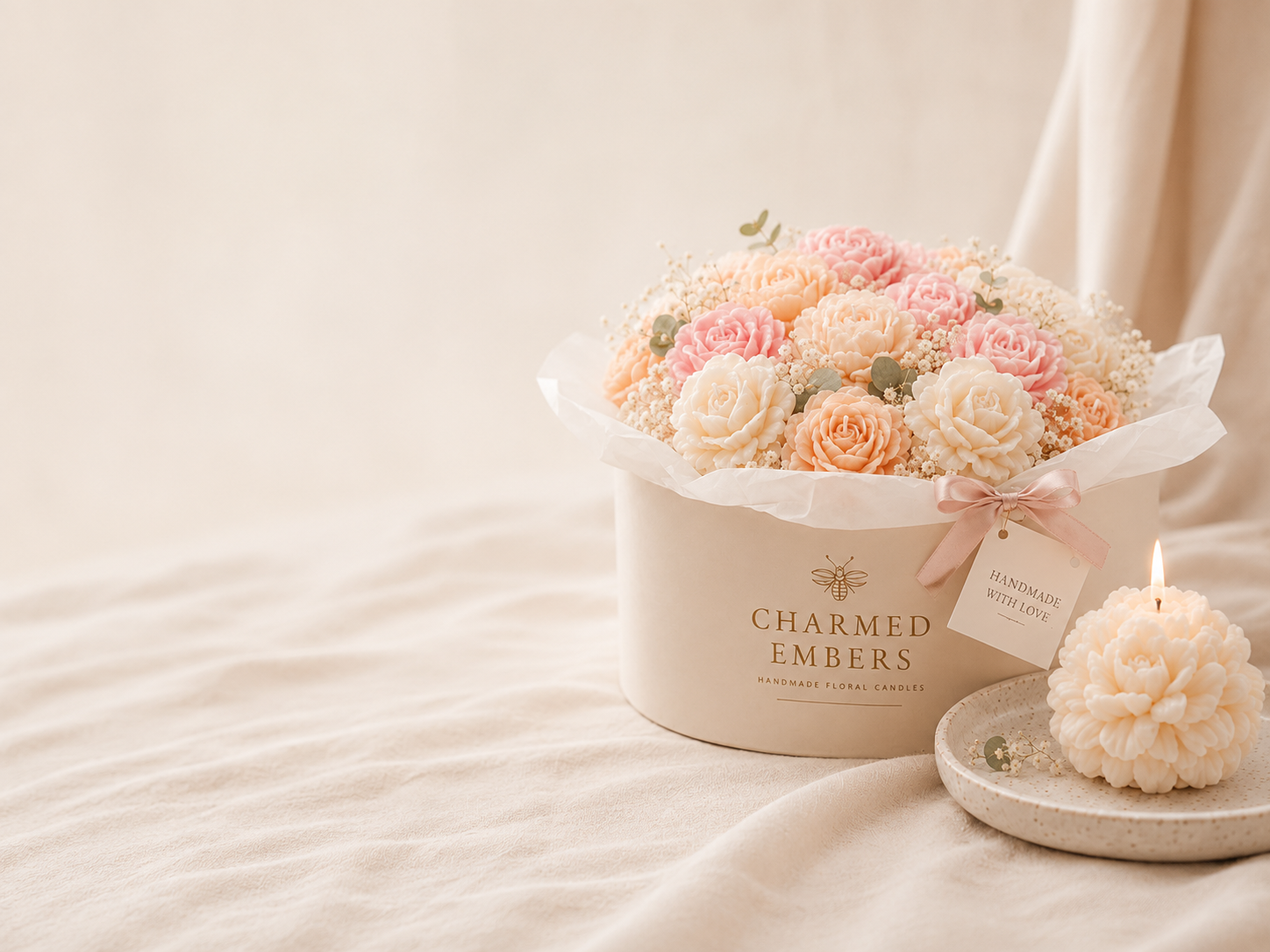 A white floral box labeled 'Charmed Embers' with handmade candles designed to look like roses, surrounded by a small candle and some greenery, on a soft beige fabric background.