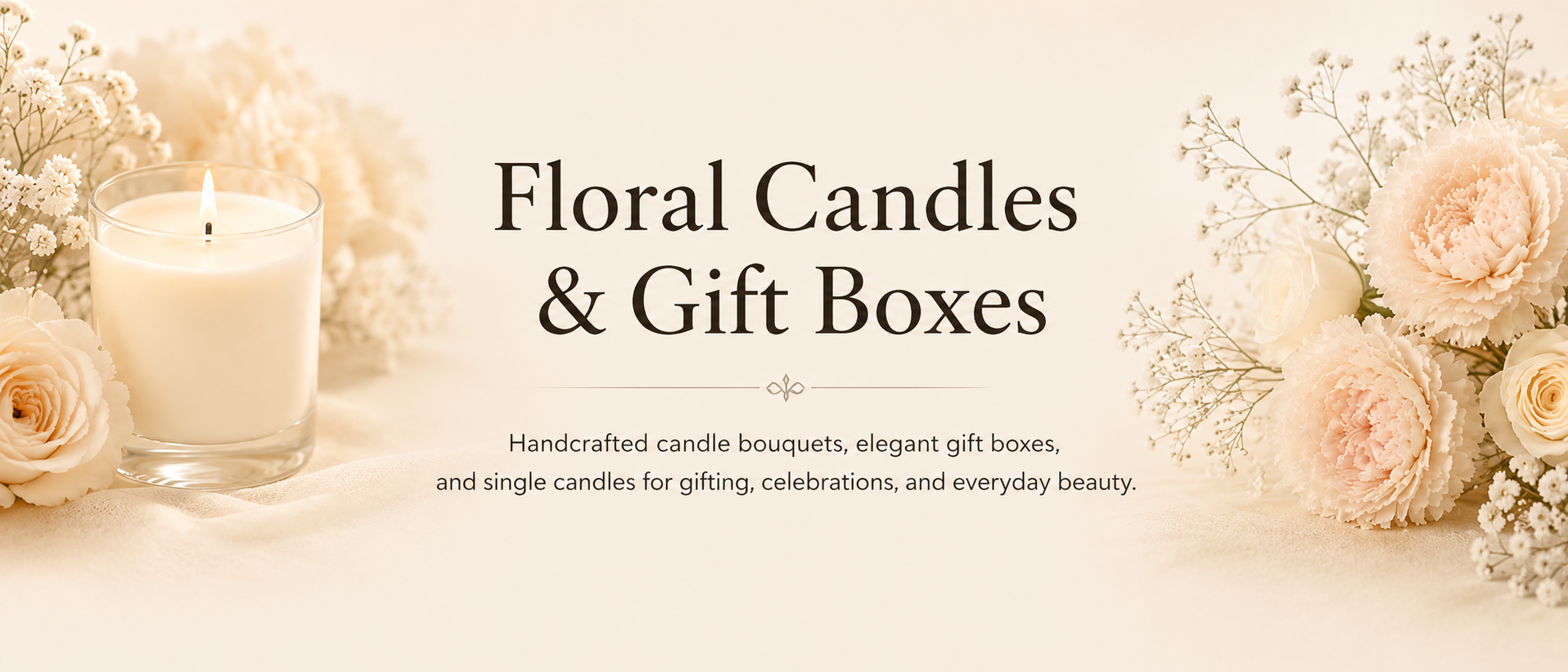 Text on a floral background reads, 'Floral Candles & Gift Boxes. Handcrafted candle bouquets, elegant gift boxes, and single candles for gifting, celebrations, and everyday beauty.' The background shows a lit candle in a glass holder, cream roses, and baby's breath flowers.