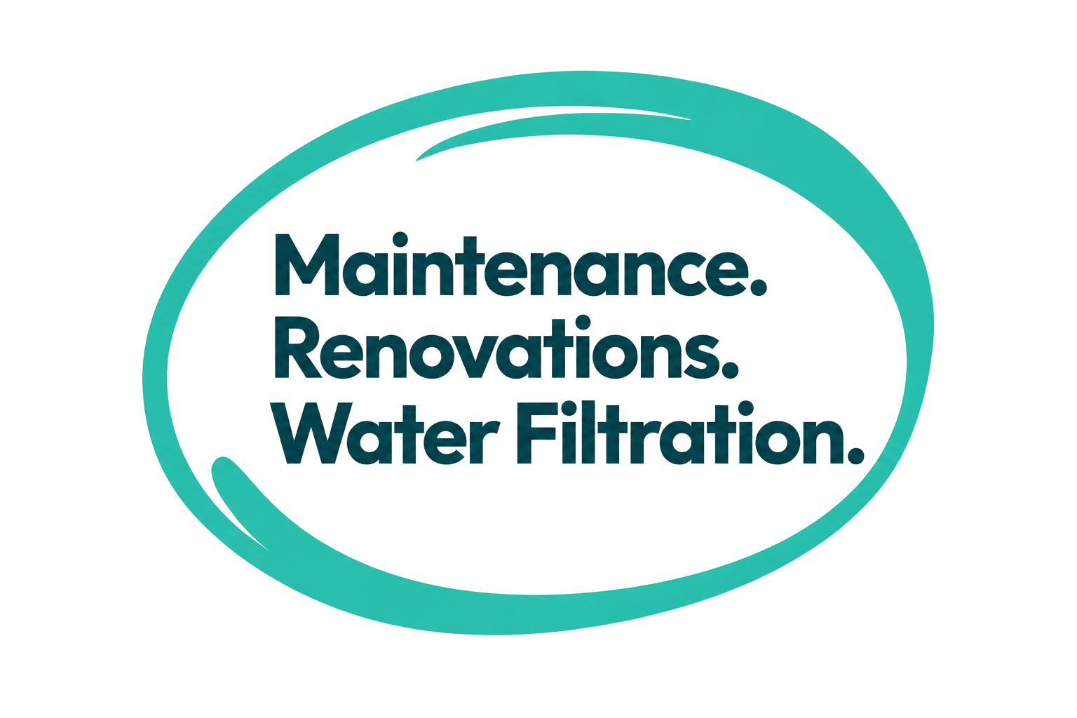 Illustration of a circular logo with the text 'Maintenance. Revisions. Water Filtration.' inside.