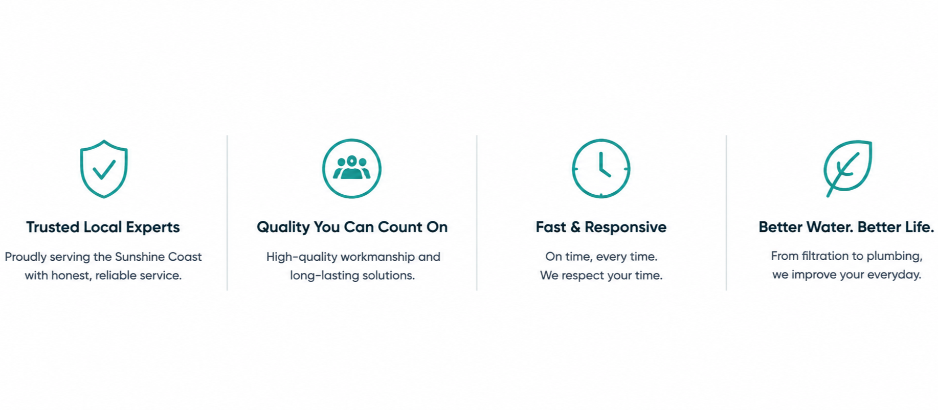 A promotional graphic with four sections, each containing an icon and text: shield with a check mark - 'Trusted Local Experts', group of people - 'Quality You Can Count On', clock - 'Fast & Responsive', leaf - 'Better Water. Better Life.'