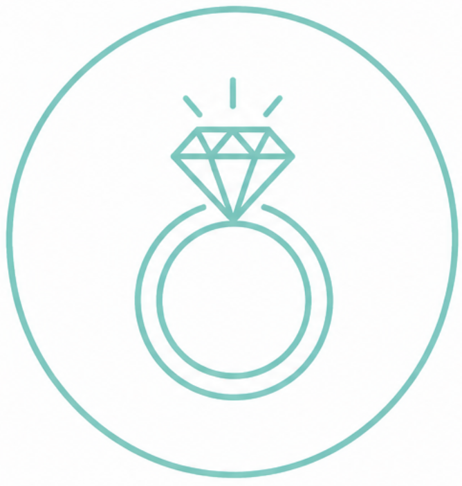 Line drawing of an engagement ring with a large diamond on top, inside a circle.