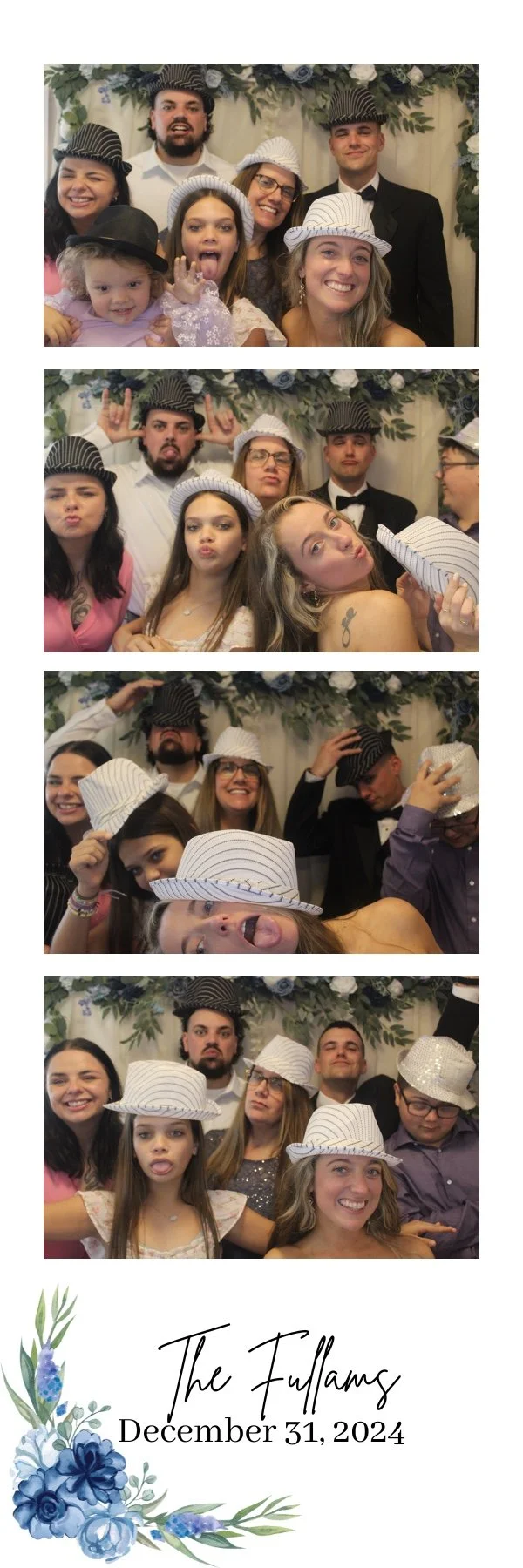 A photo booth collage of friends and family celebrating New Year's Eve, wearing various hats, making funny faces, and posing together, with a floral backdrop and a card displaying "The Fullams, December 31, 2024."