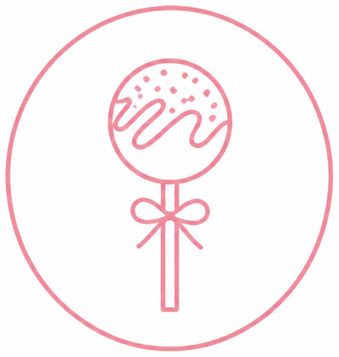 Pink line drawing of a lollipop with a bow on stick, inside a circle.