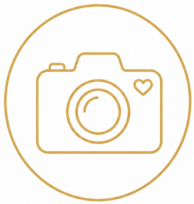 Line drawing of a camera with a heart symbol on the top right corner, enclosed in a circle.