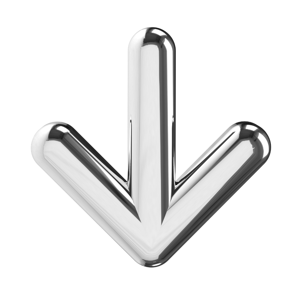 A shiny, metallic downward arrow symbol.