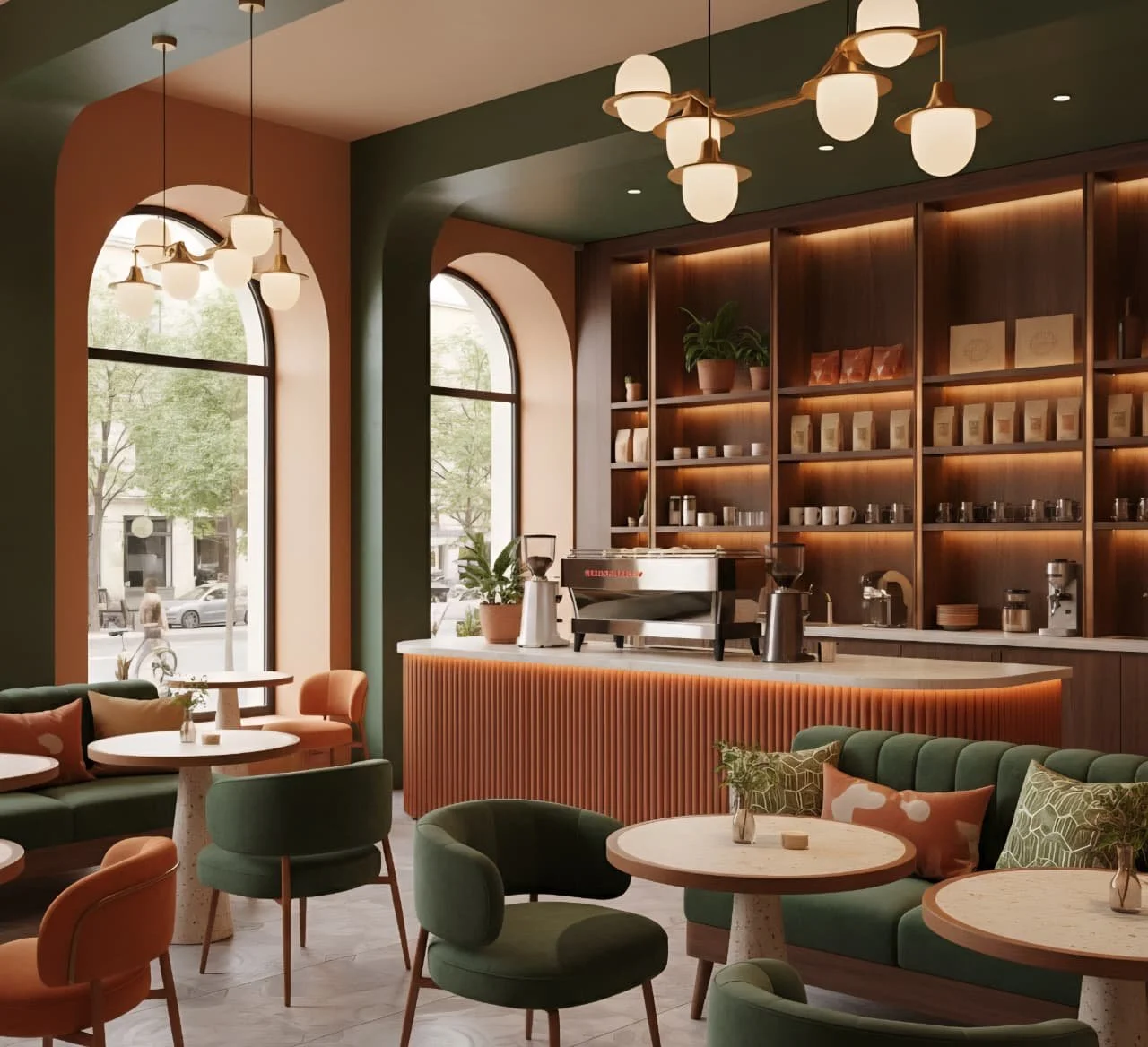 Interior de una cafetería moderna con mesas redondas, sillones verdes y naranjas, estantería de madera con tazas y plantas, y lámparas colgantes de diseño.