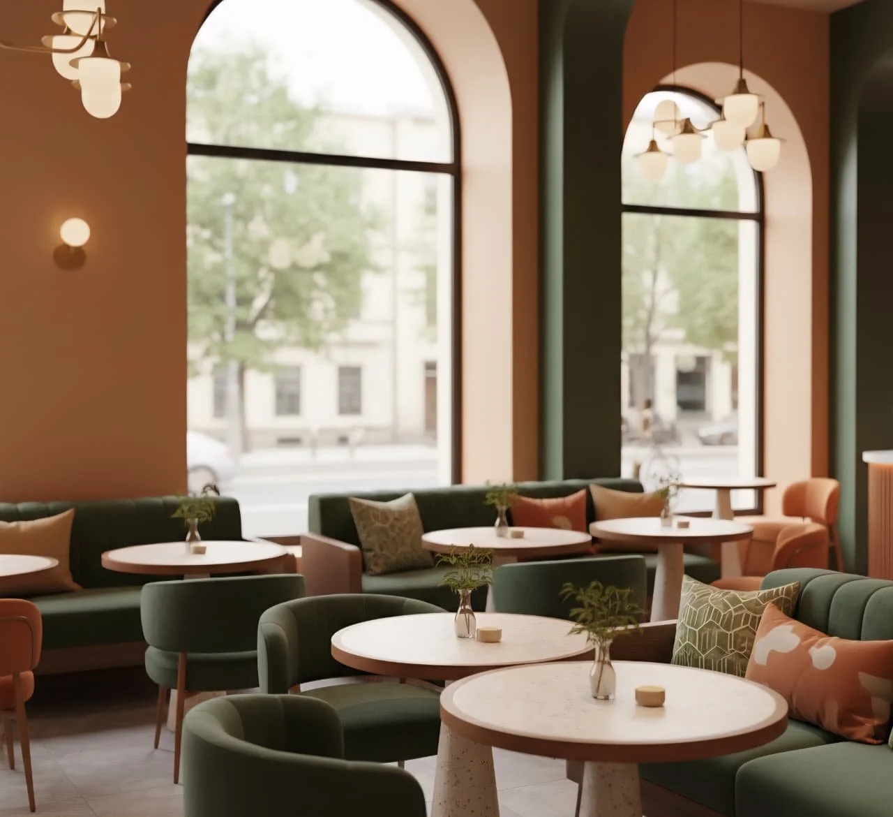Interior de un café con sillones verdes y mesas redondas de madera, decoradas con pequeñas plantas en jarrones y cojines coloridos, con grandes ventanas arqueadas que muestran un paisaje urbano con árboles y edificios.