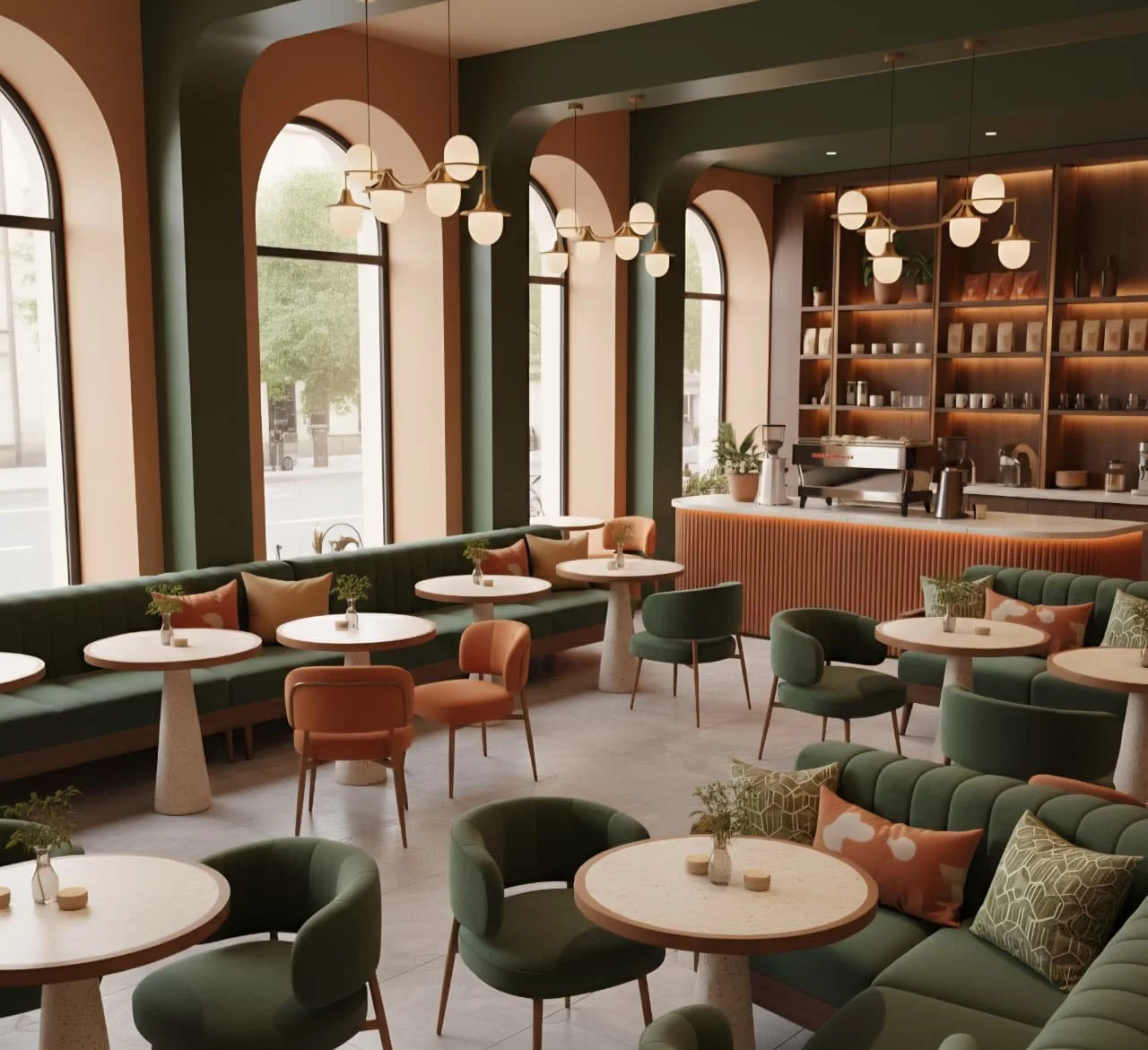 Interior de cafetería moderna con mesas redondas, sillas verdes y de color melocotón, iluminación colgante y estanterías con tazas y decoraciones.