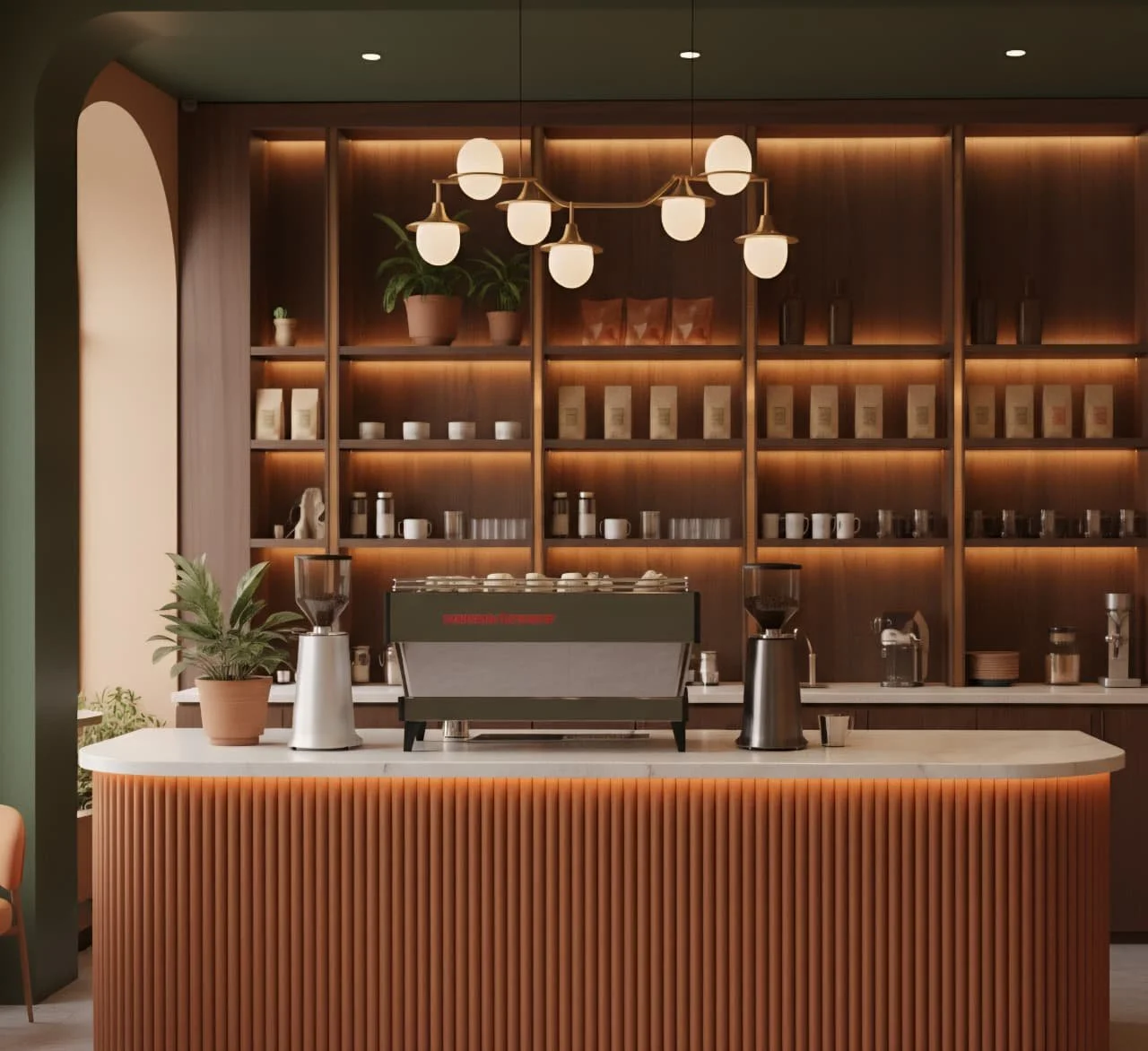 Mostrador de cafetería con máquina de café, plantas y estanterías con tazas, platos y botellas de ingredientes, en un espacio decorado con madera y luces.