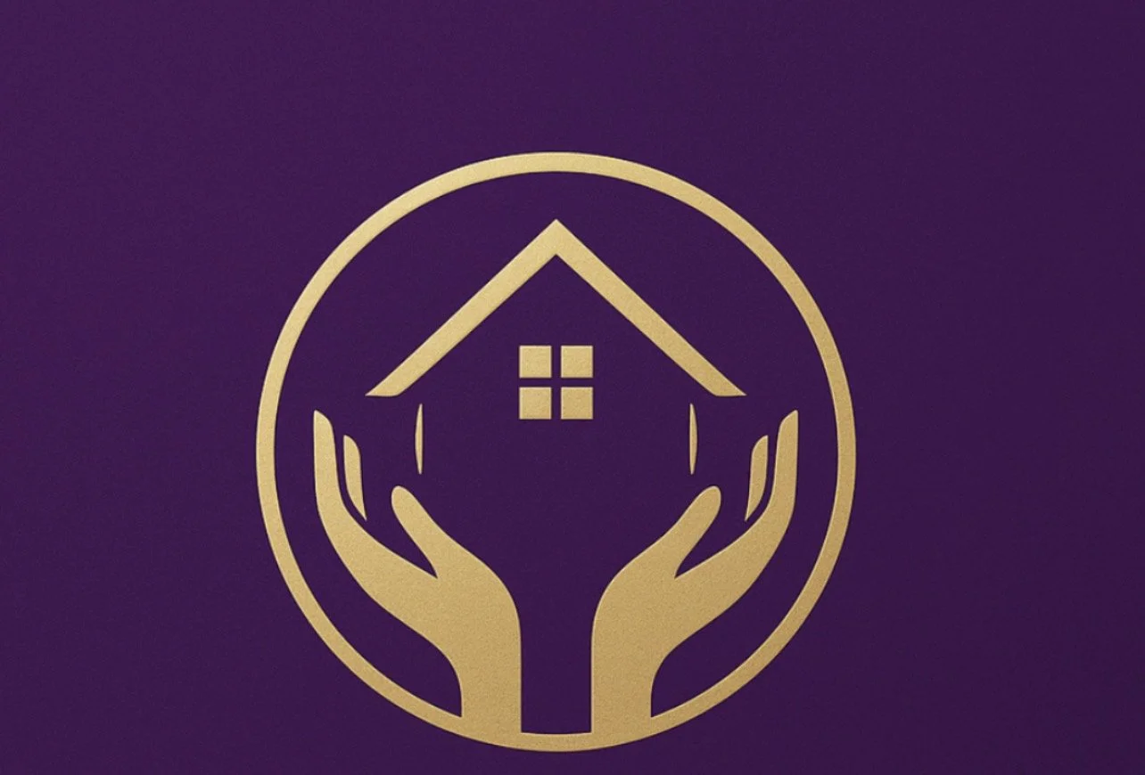 Gold icon of a house inside a circle cradled by two hands on a dark purple background.