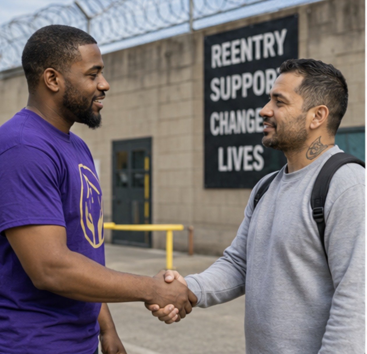 Two men shaking hands outdoors in front of a building with a sign that reads 'Reentry Support Change Lives.' They are smiling at each other.
