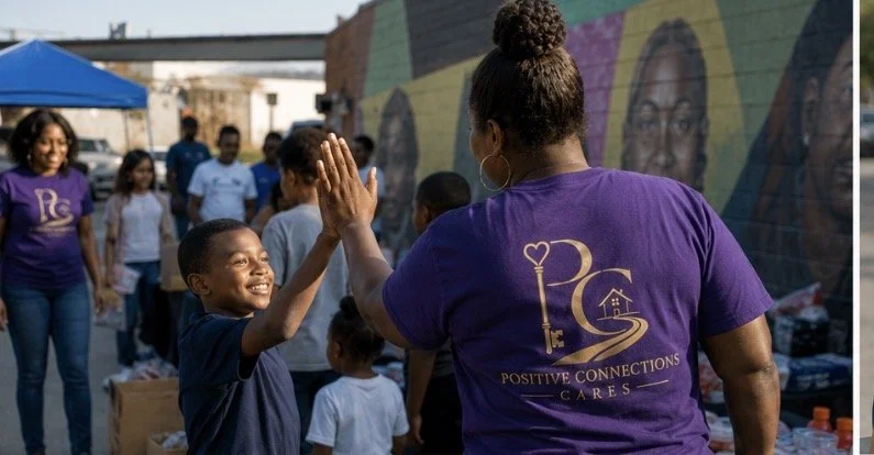 A woman in a purple shirt giving a high-five to a smiling boy in a crowd at an outdoor community event.